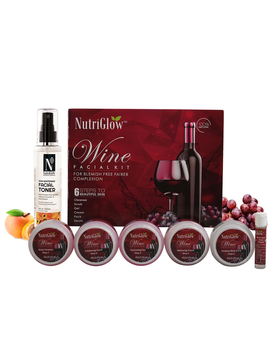 

NutriGlow Combo of 2 - Wine Facial Kit 250g+10ml & Skin Whitening Toner 100ml, Multi