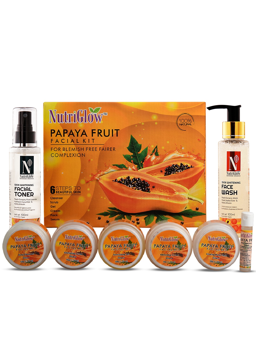 

NutriGlow Set of Papaya Facial Kit 250g+10ml, Skin Whitening Face Wash 100ml & Toner 100ml, Multi