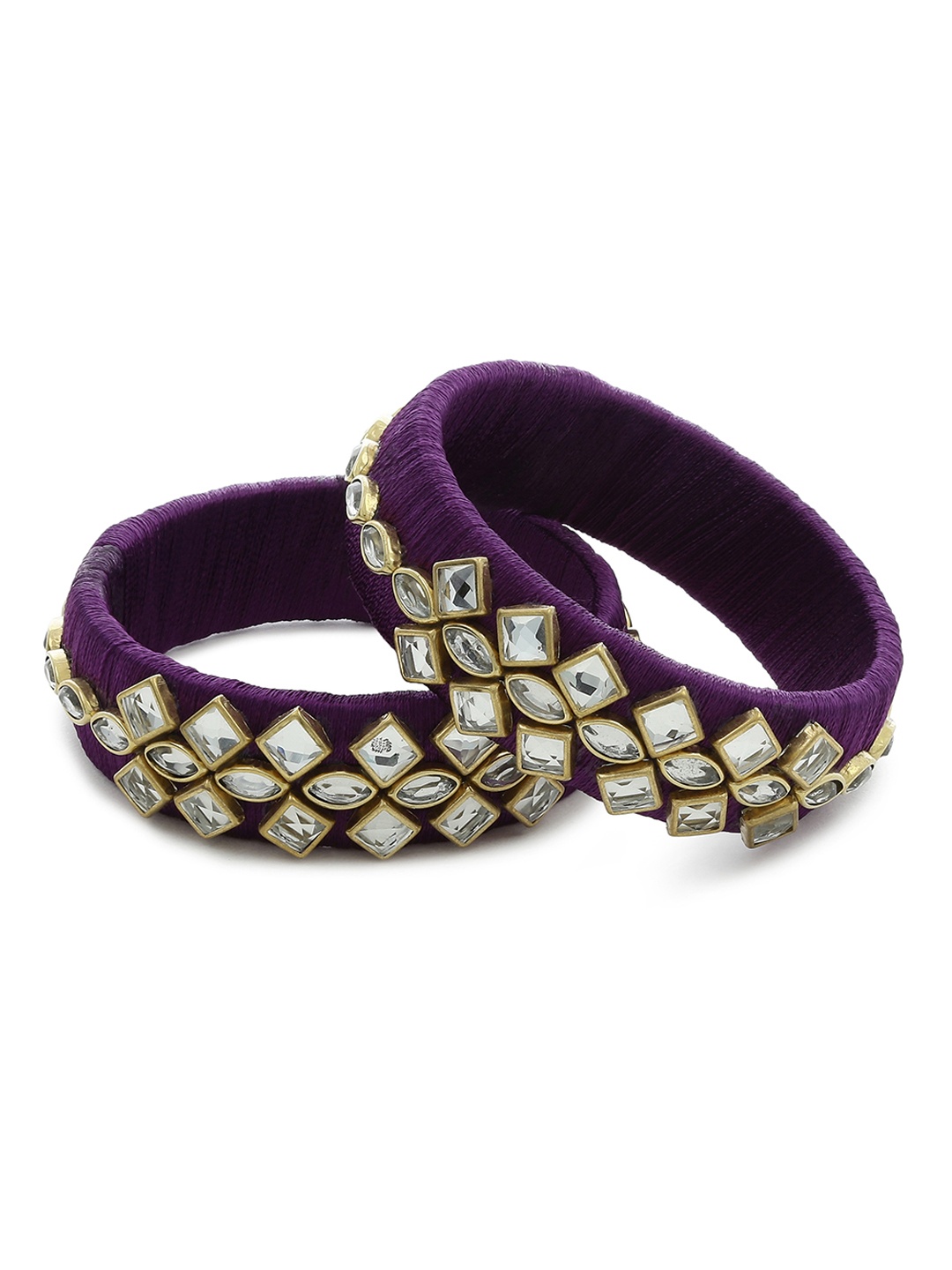 

AKSHARA Girls Set of 2 Purple & White Kundan-Studded Handcrafted Silk Thread Bangles