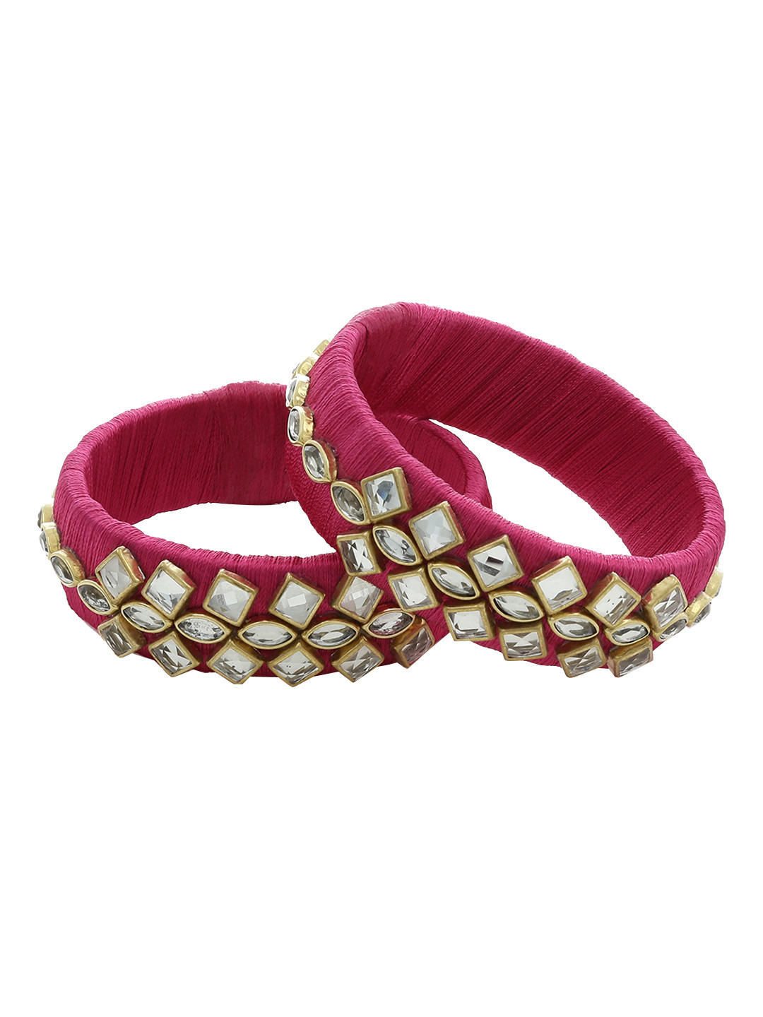 

AKSHARA Girls Set of 2 Pink & White Kundan-Studded Handcrafted Silk Thread Bangles