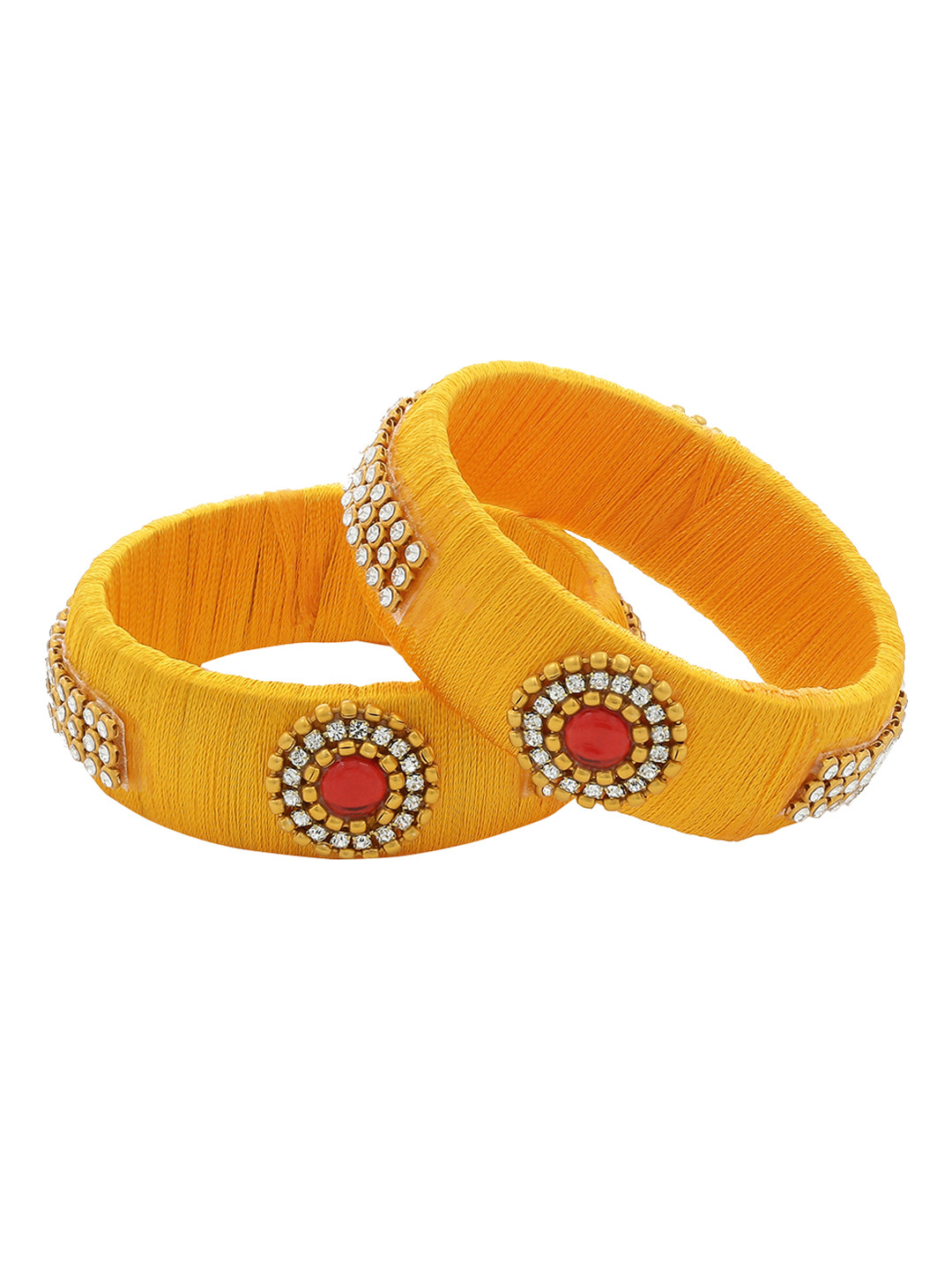 

AKSHARA Girls Set of 2 Yellow & Red Stone-Studded Handcrafted Silk Thread Bangles