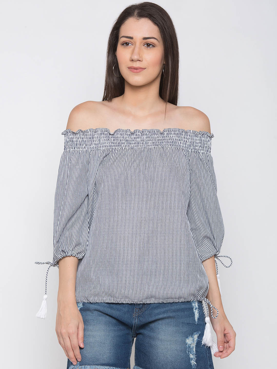 

Globus Women Navy Blue & White Striped Bardot Pure Cotton Top with Tie Up