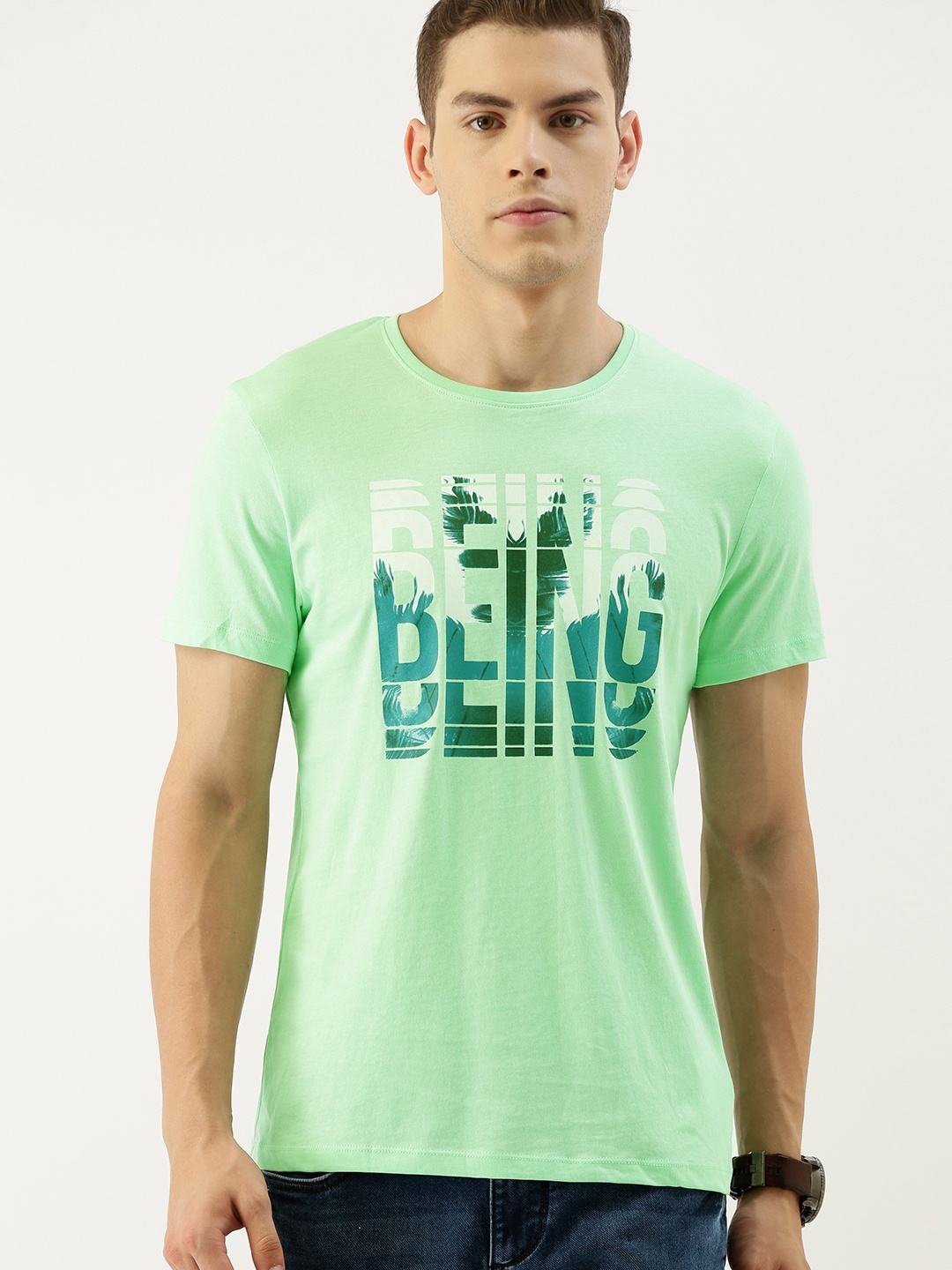 

Being Human Clothing Men Green Printed Round Neck Pure Cotton T-shirt