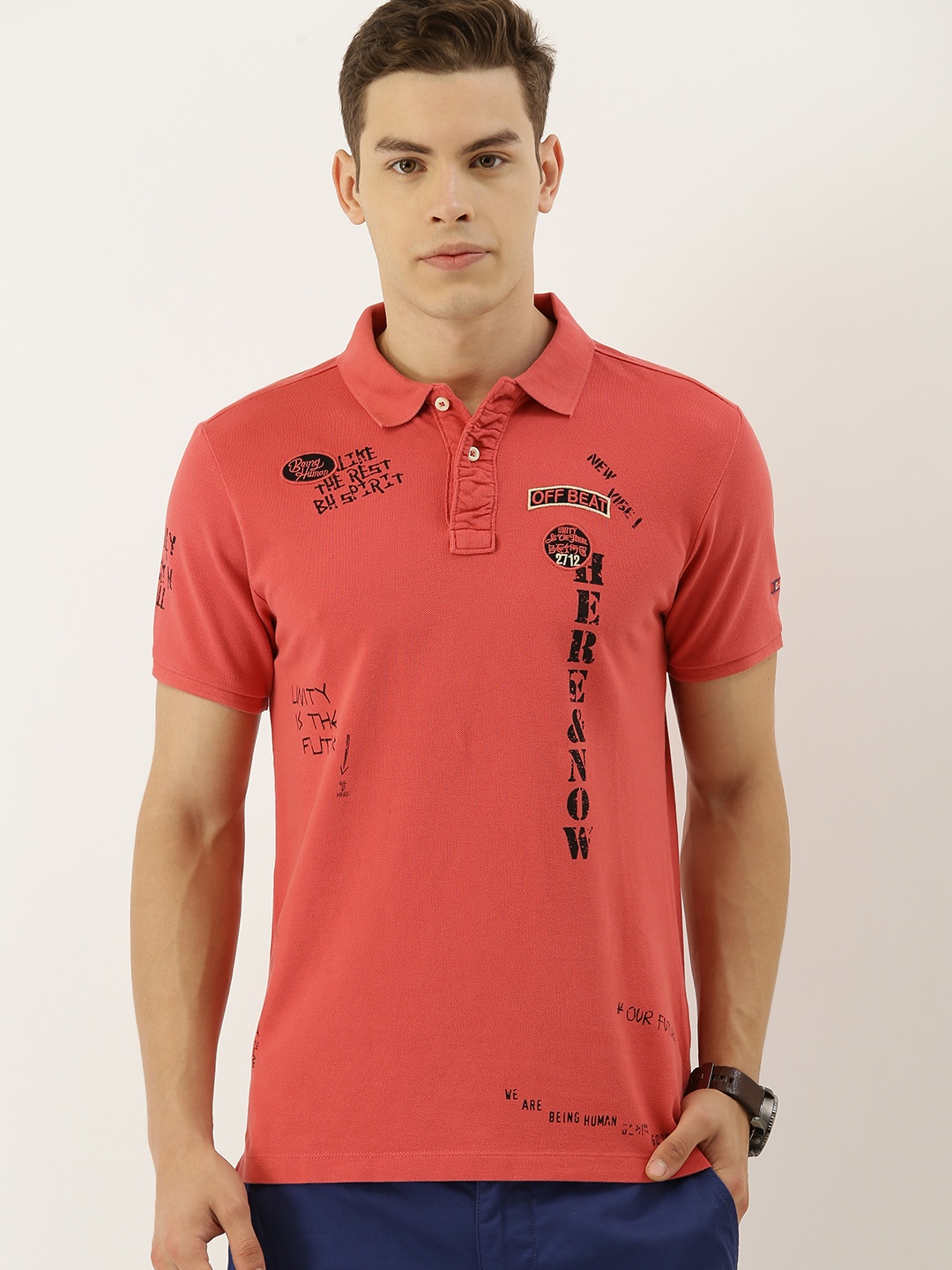 

Being Human Clothing Men Coral Red Printed Polo Collar Pure Cotton T-shirt with Embroidery