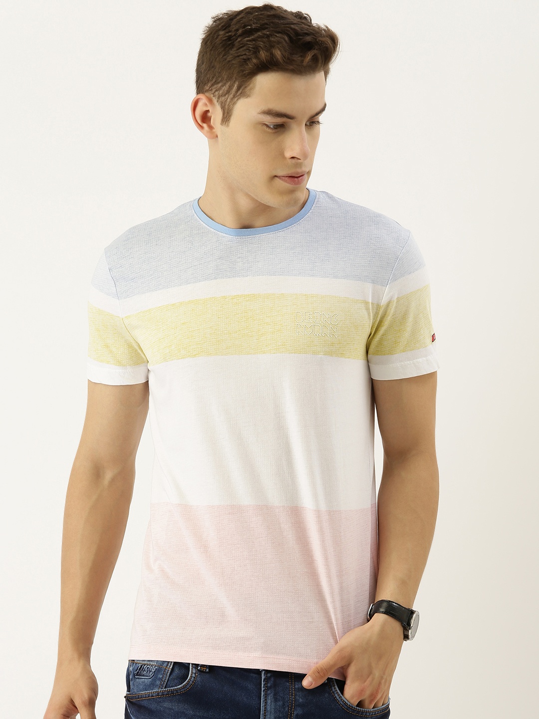 

Being Human Men White Pink Colourblocked Round Neck Pure Cotton T-shirt