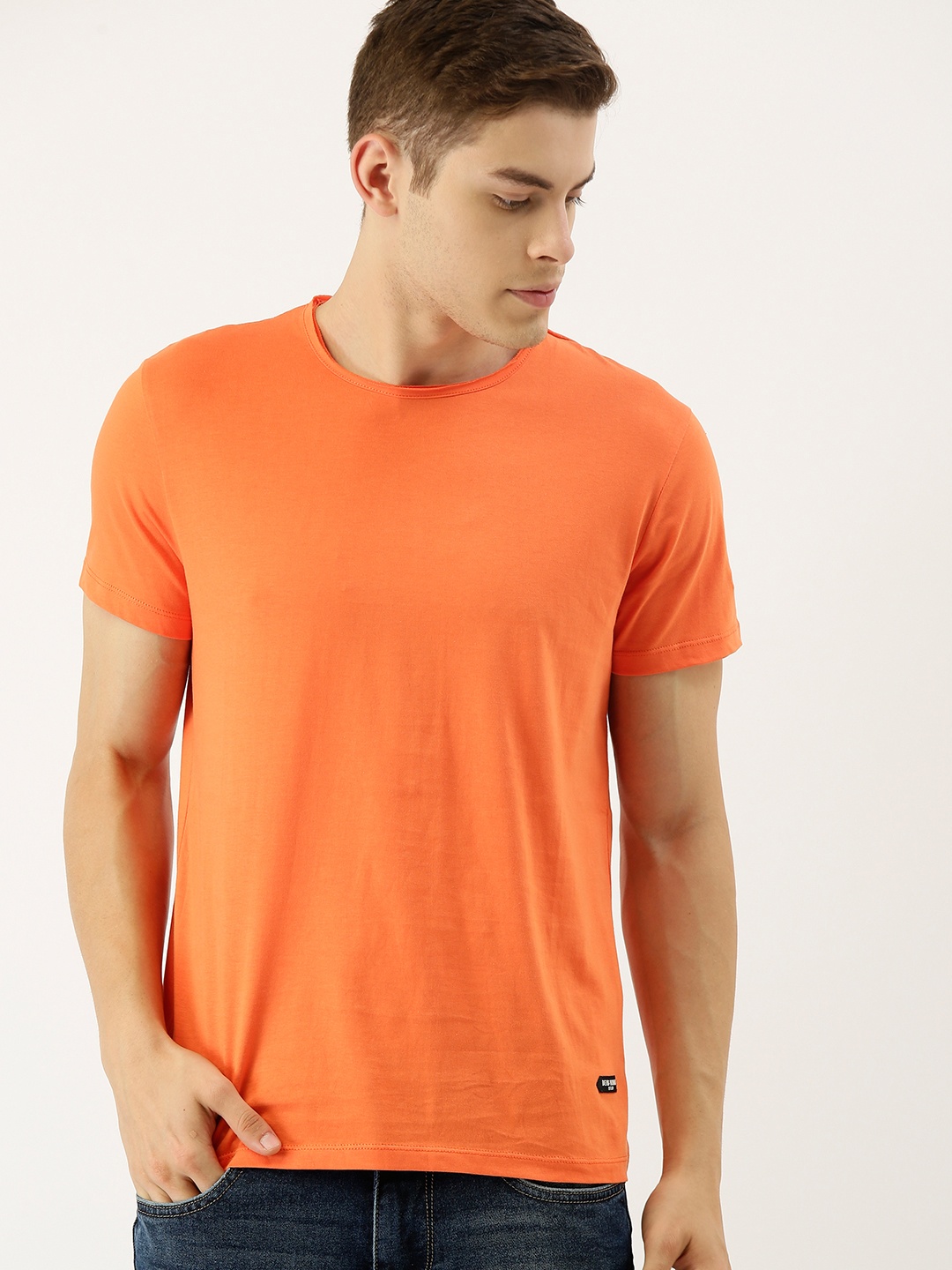 

Being Human Men Orange Solid Round Neck Pure Cotton T-shirt With Raw Edge