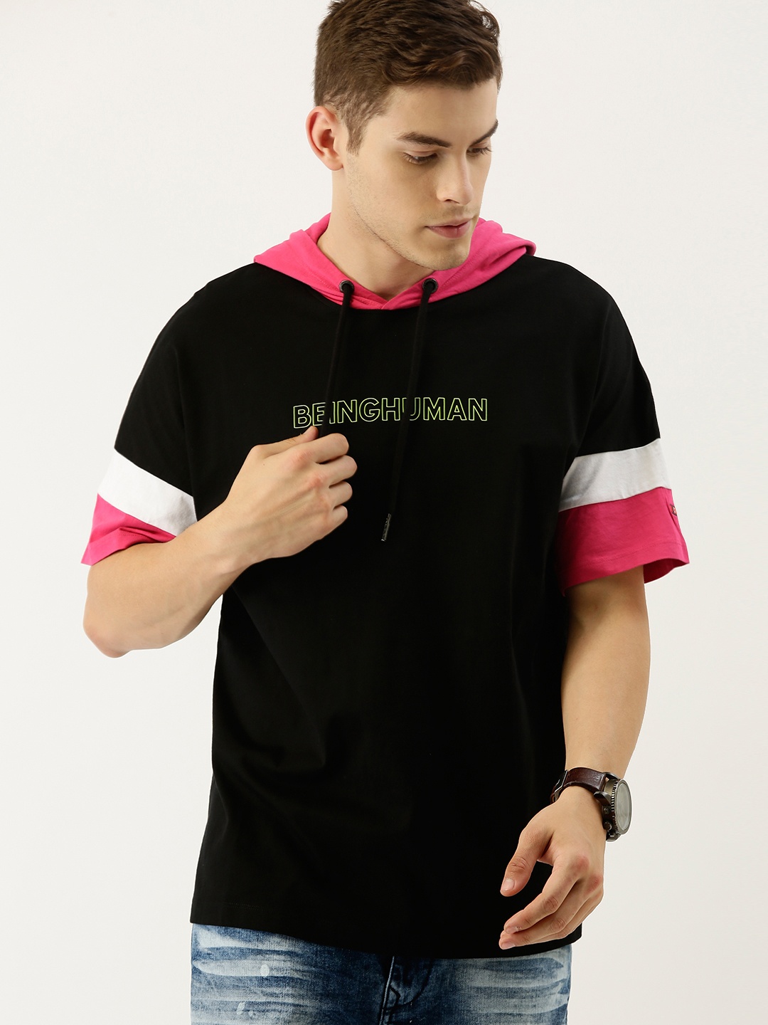 

Being Human Clothing Men Black Solid Hood T-shirt