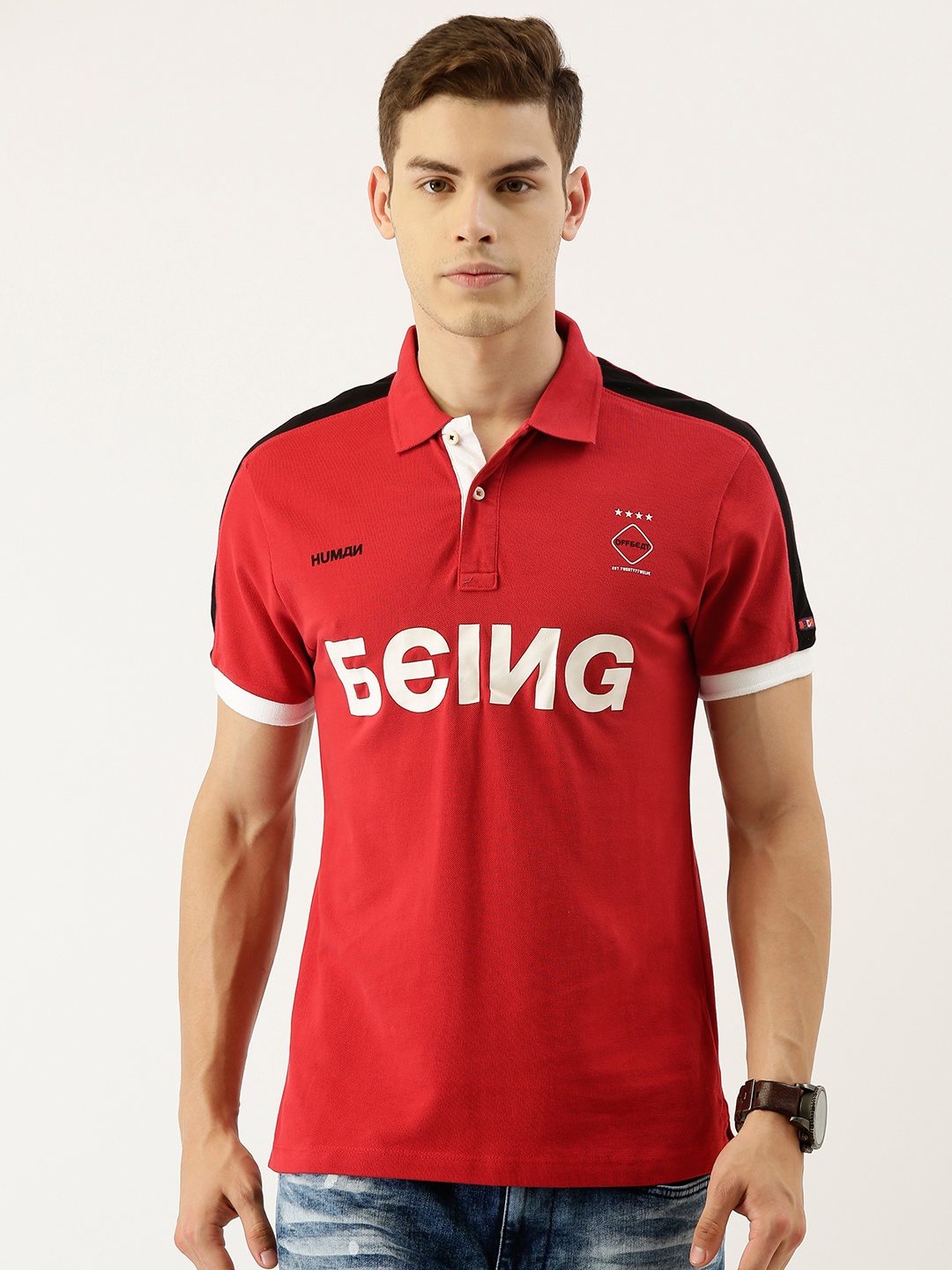 

Being Human Men Red Printed Polo Collar Pure Cotton T-shirt
