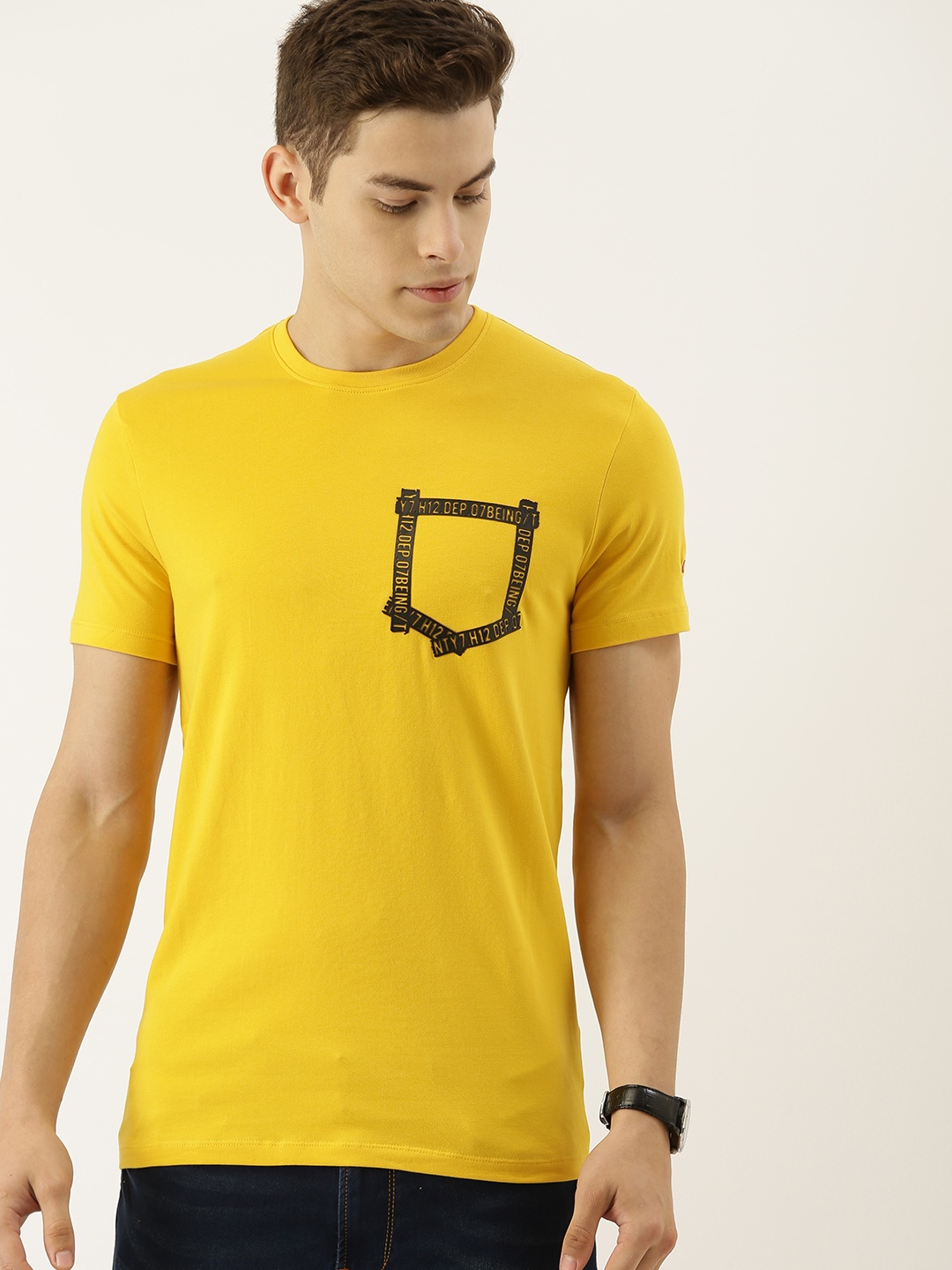 

Being Human Men Mustard Yellow Solid Round Neck T-shirt