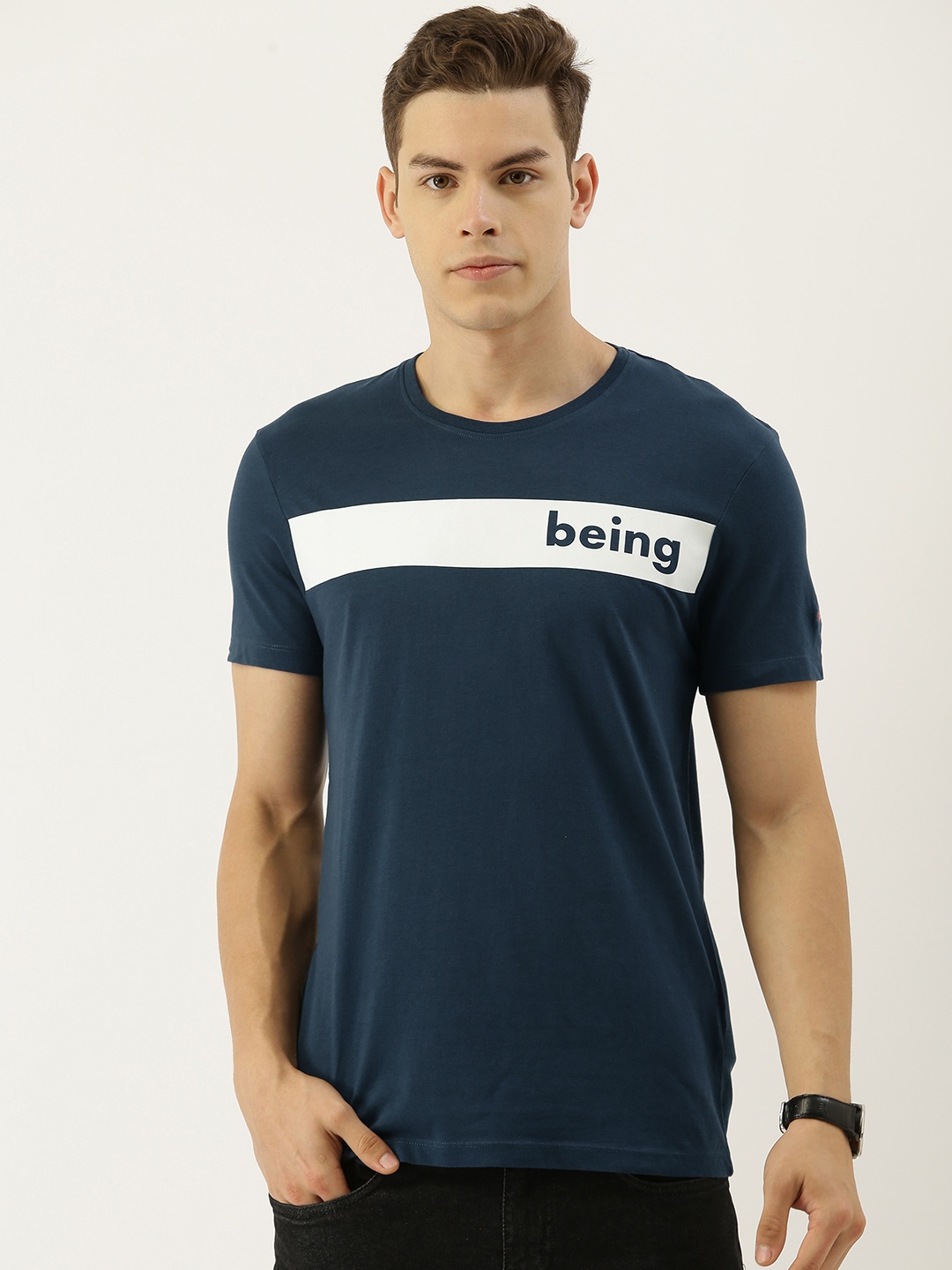 

Being Human Men Navy Blue Printed Round Neck Pure Cotton T-shirt