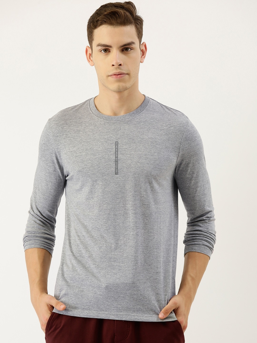 

Being Human Men Grey Melange Solid Round Neck T-shirt With Printed Detailing