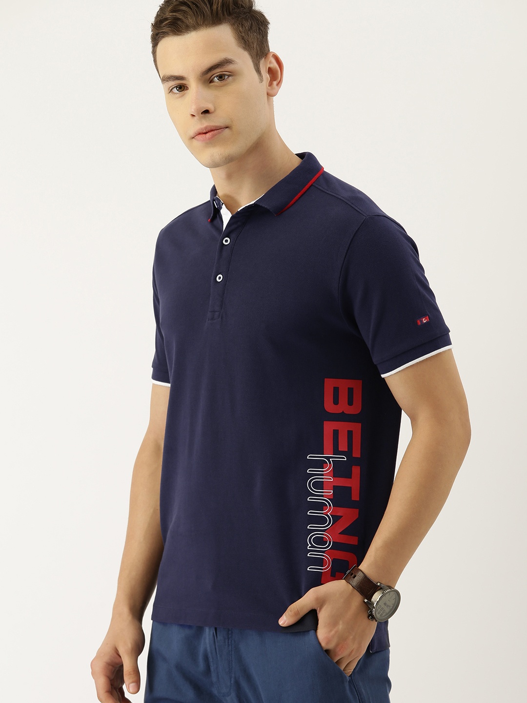 

Being Human Clothing Men Navy Blue Printed Polo Collar Pure Cotton T-shirt