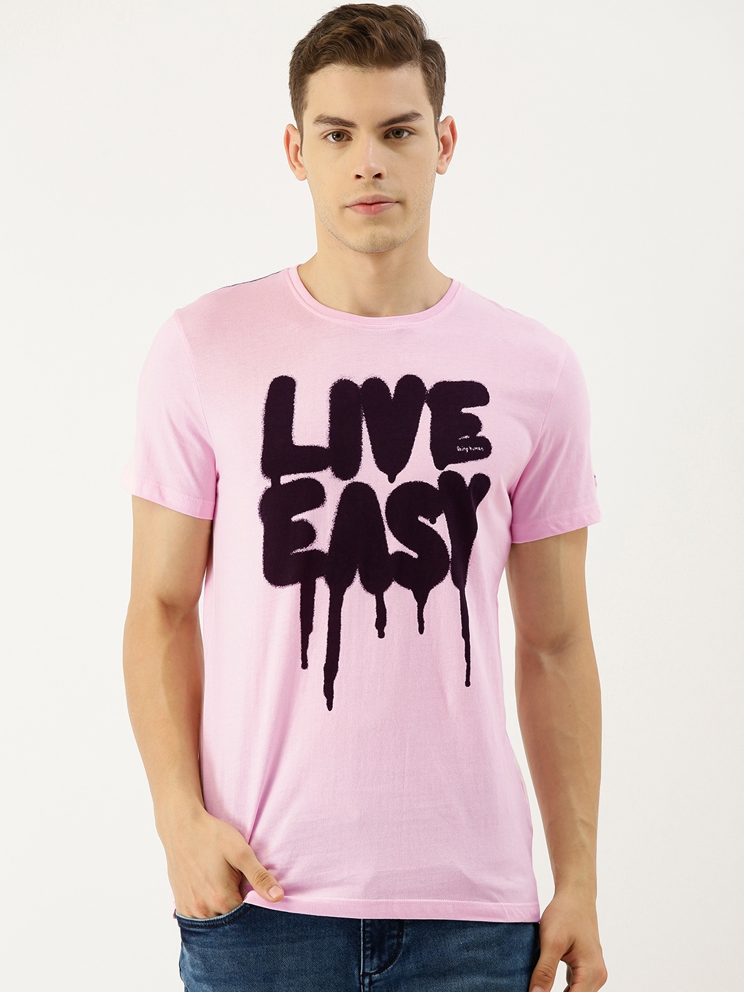 

Being Human Clothing Men Pink Printed Round Neck Pure Cotton T-shirt