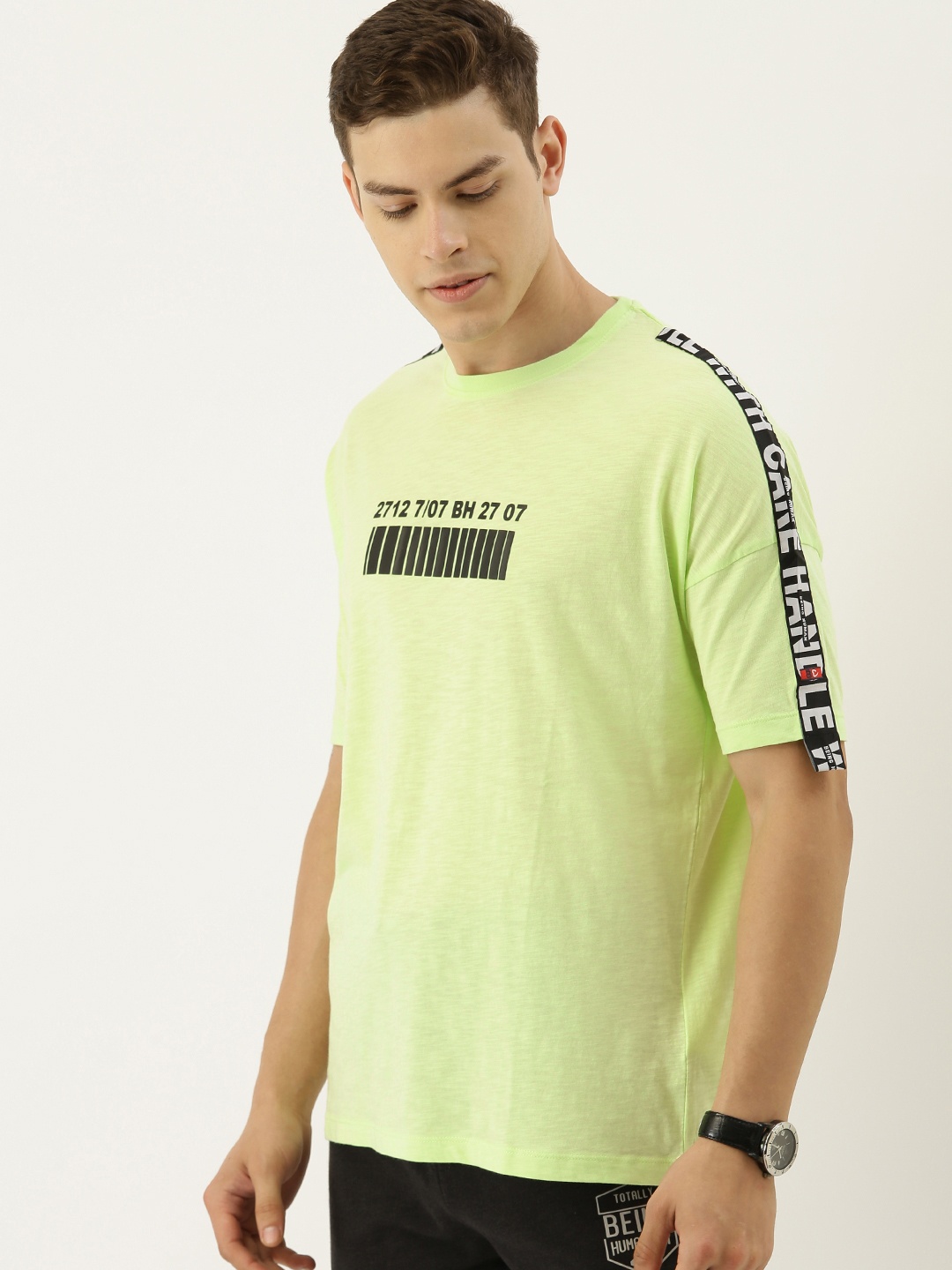 

Being Human Clothing Men Yellow Printed Round Neck Pure Cotton T-shirt with Side Tape Detailing