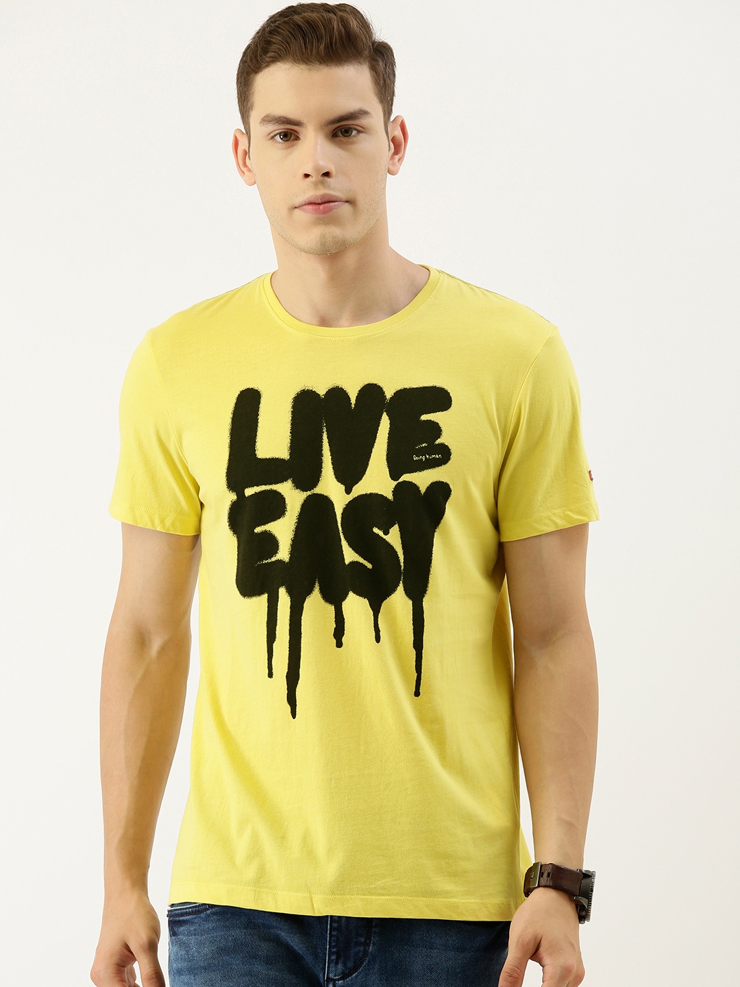 

Being Human Clothing Men Yellow Printed Round Neck Pure Cotton T-shirt