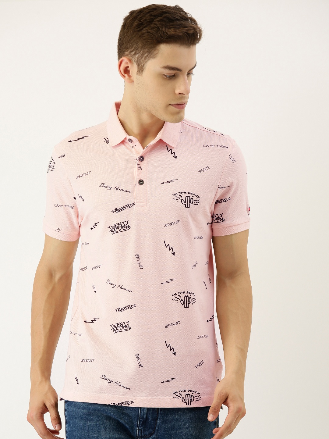 

Being Human Men Pink Black Conversational Print Polo Collar Pure Cotton T-shirt