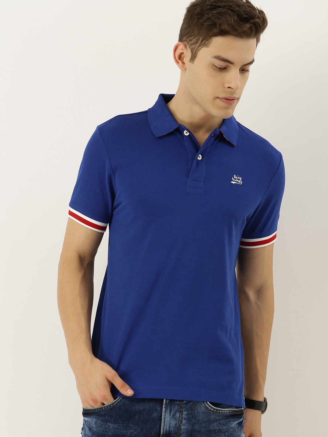 

Being Human Men Blue Solid Polo Collar Pure Cotton T-shirt
