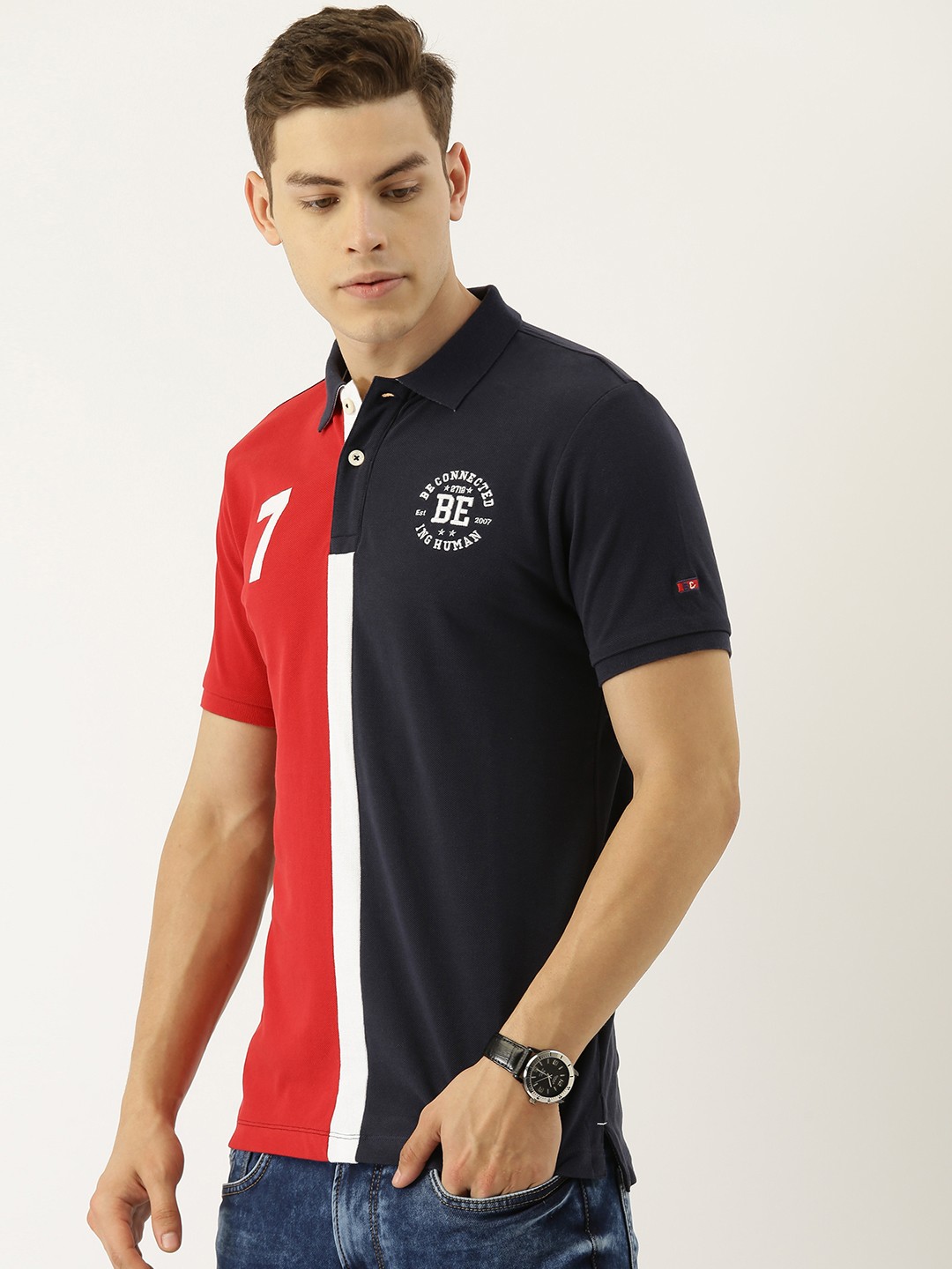 

Being Human Men Red Black Colourblocked Polo Collar Pure Cotton T-shirt With Embroidered Detailing
