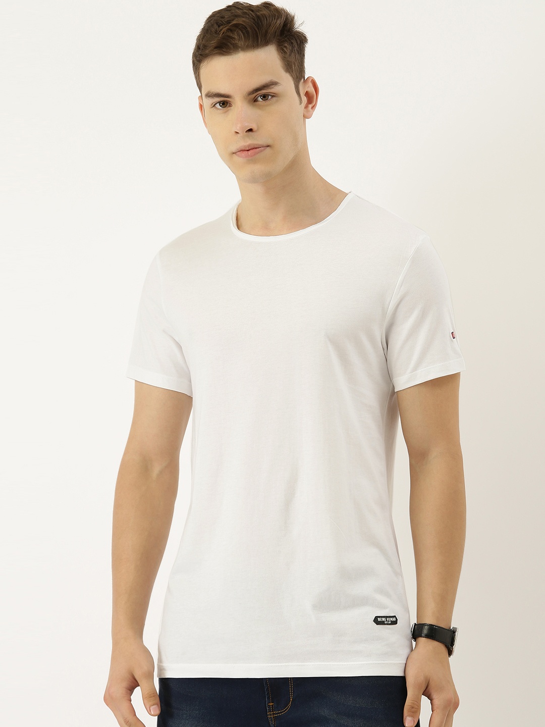 

Being Human Men White Solid Round Neck Pure Cotton T-shirt