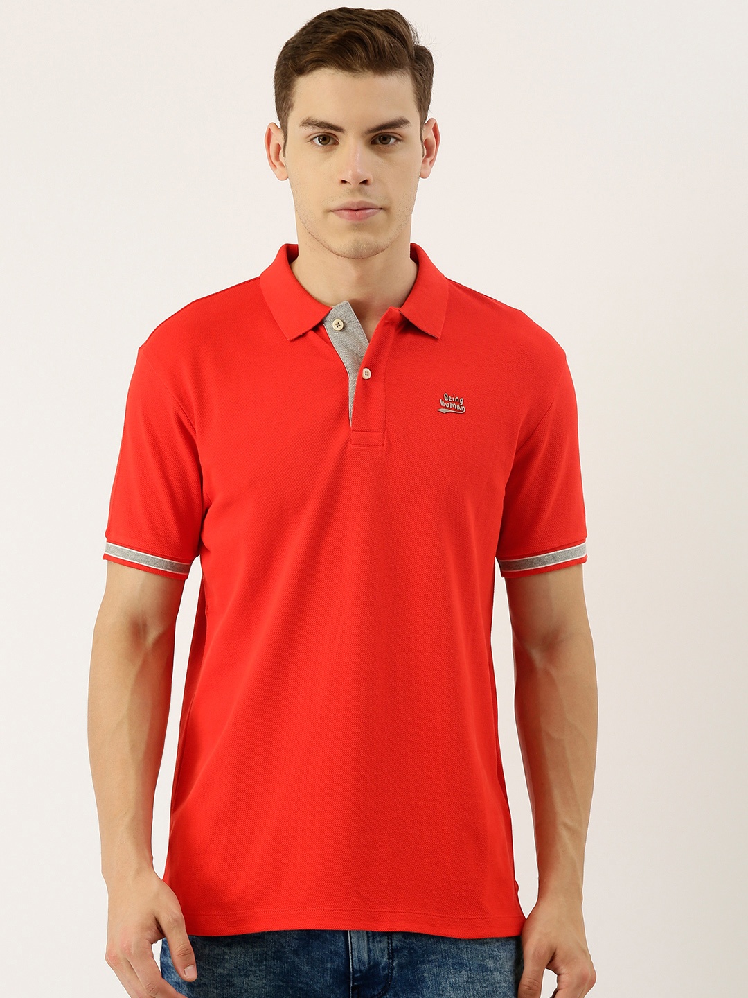 

Being Human Clothing Men Red Solid Polo Collar Pure Cotton T-shirt