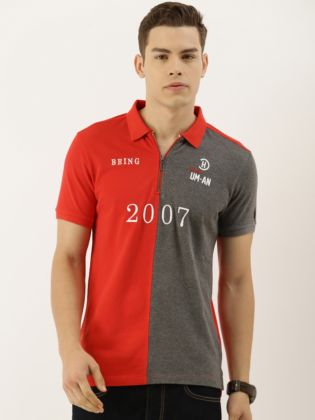 

Being Human Clothing Men Red & Grey Colourblocked Polo Collar T-shirt with Embroidery