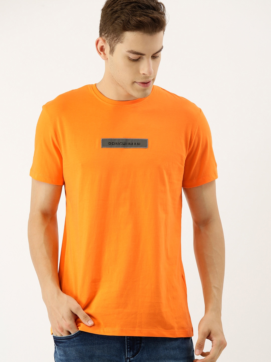 

Being Human Men Orange Solid Round Neck Pure Cotton T-shirt With Printed Detailing