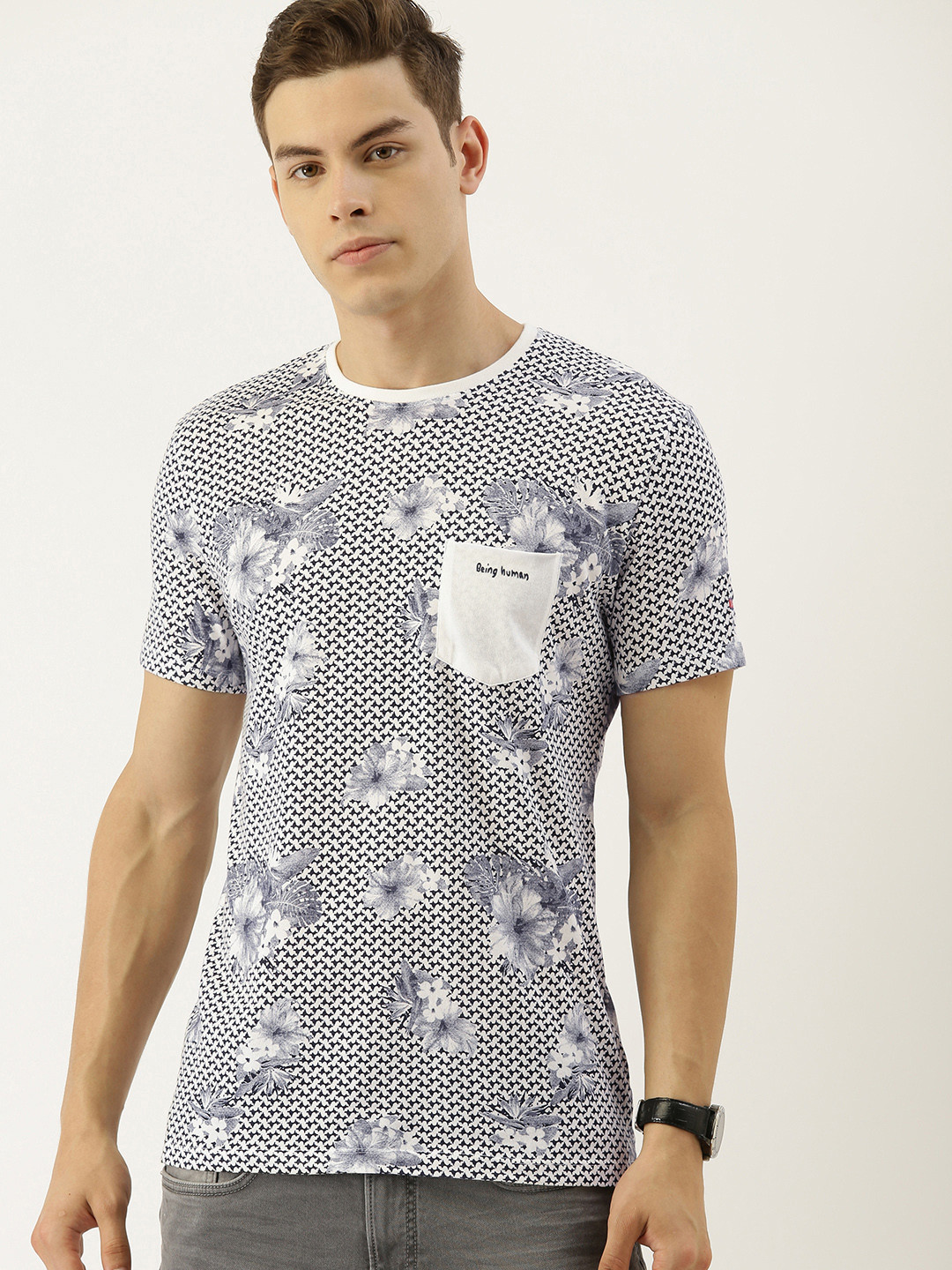 

Being Human Men Off-White Grey Floral Printed Round Neck Pure Cotton T-shirt