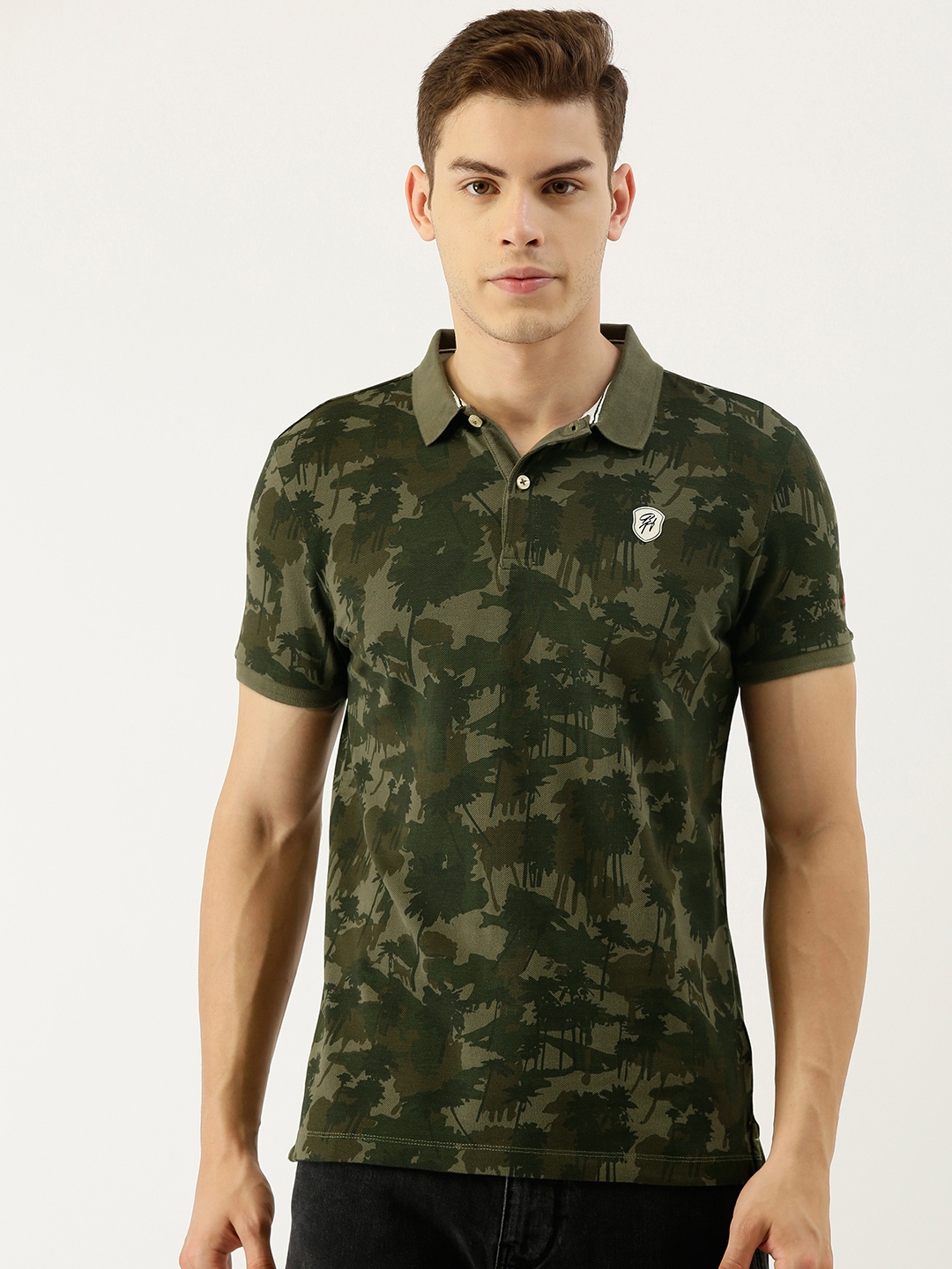 

Being Human Clothing Men Green Camouflage Printed Polo Collar Pure Cotton T-shirt