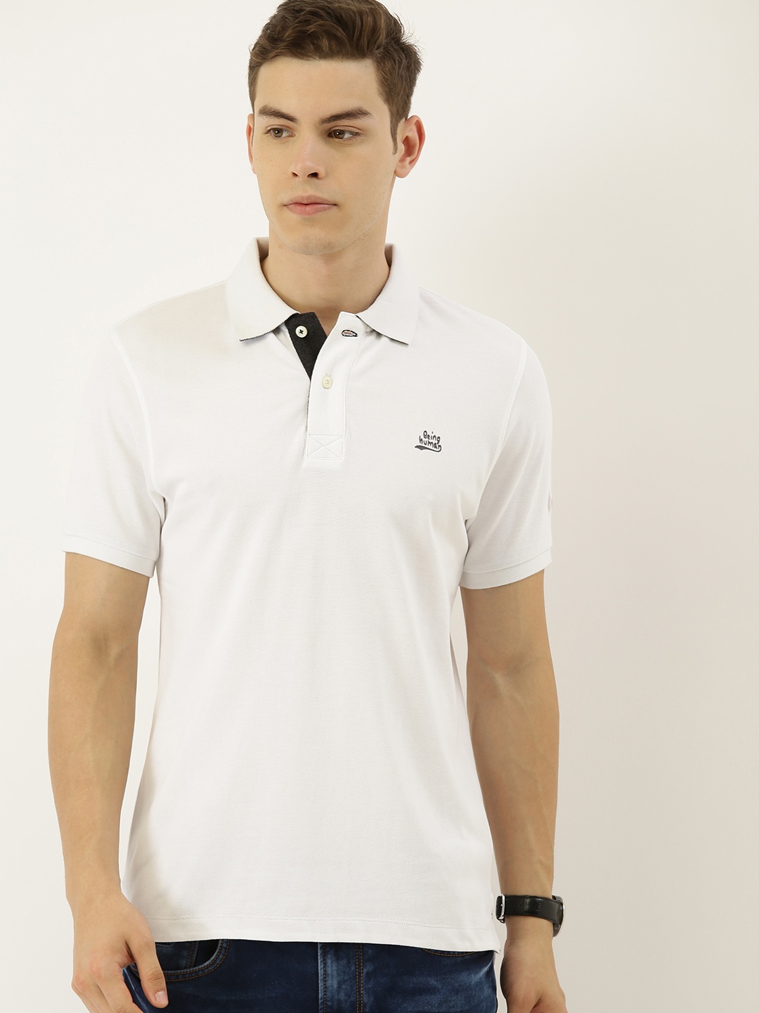 

Being Human Men White Solid Polo Collar Pure Cotton T-shirt