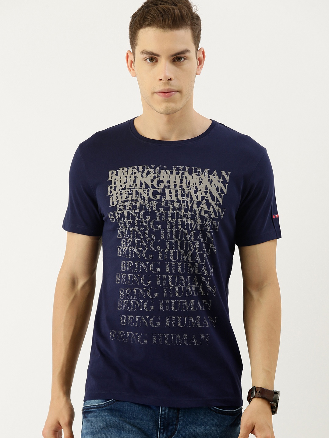 

Being Human Clothing Men Navy Blue Printed Round Neck Pure Cotton T-shirt