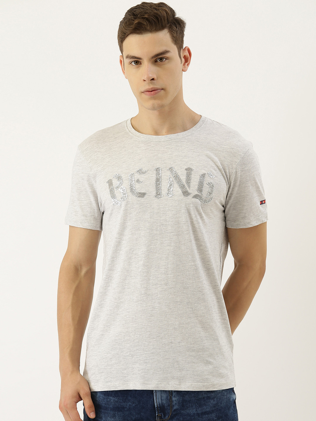 

Being Human Men Grey Melange Printed Round Neck T-shirt