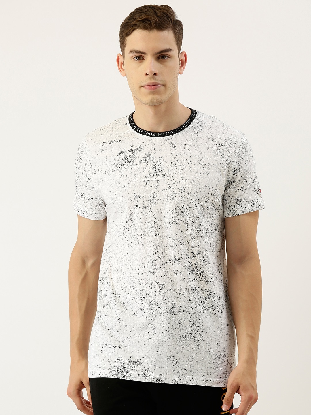 

Being Human Clothing Men White Black Printed Round Neck Pure Cotton T-shirt with Print detail