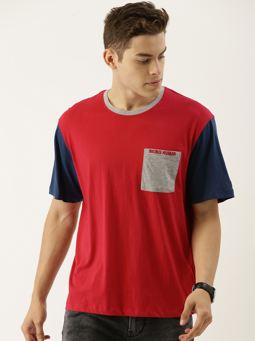 

Being Human Men Red Solid Round Neck Pure Cotton T-shirt With Contrast Sleeves