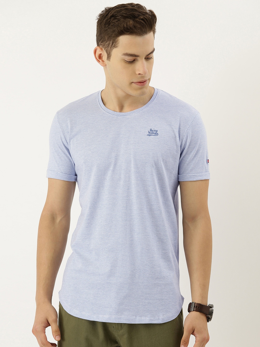 

Being Human Men Blue & White Striped Round Neck T-shirt