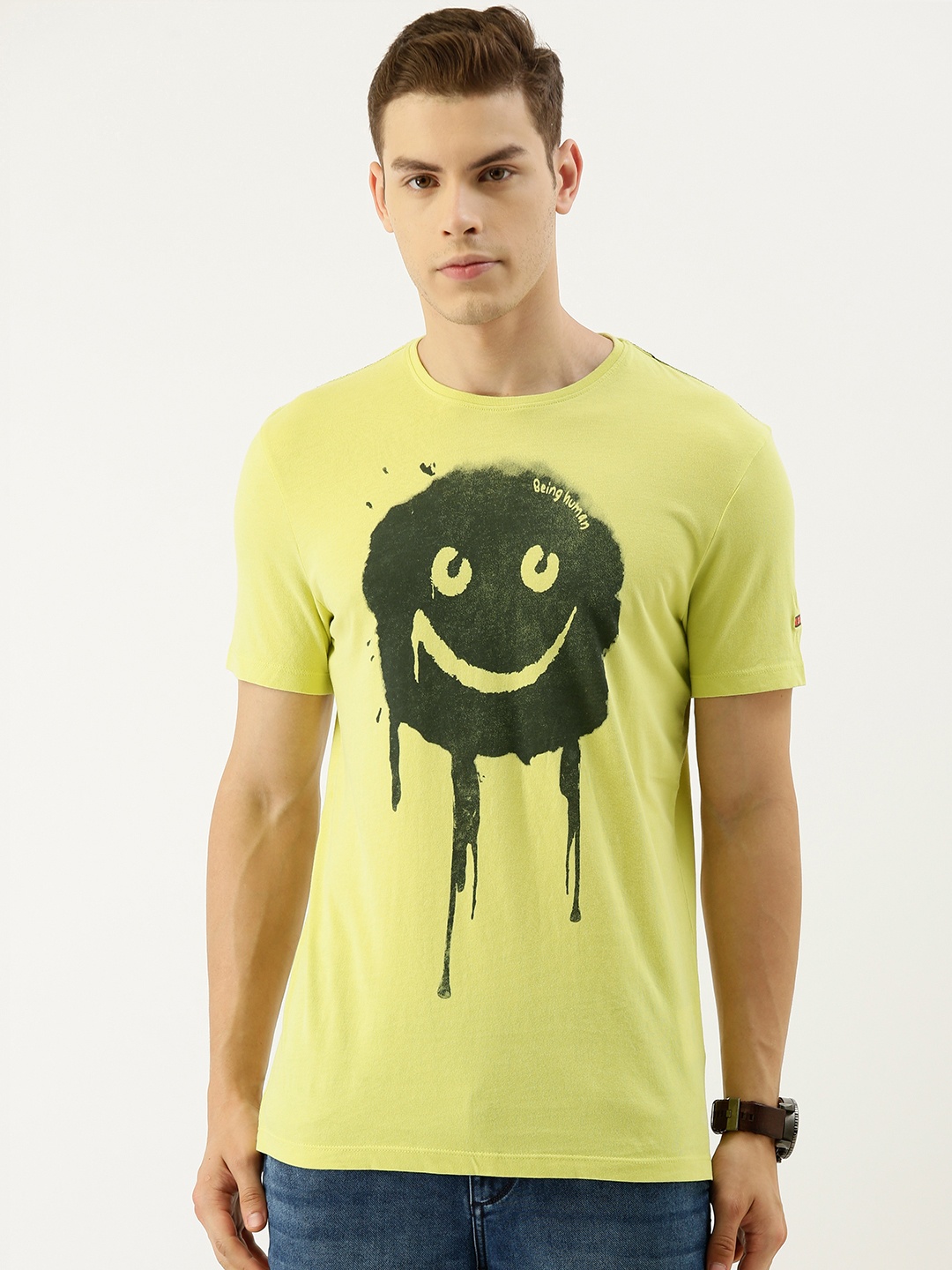 

Being Human Clothing Men Yellow Conversational Printed Round Neck Pure Cotton T-shirt