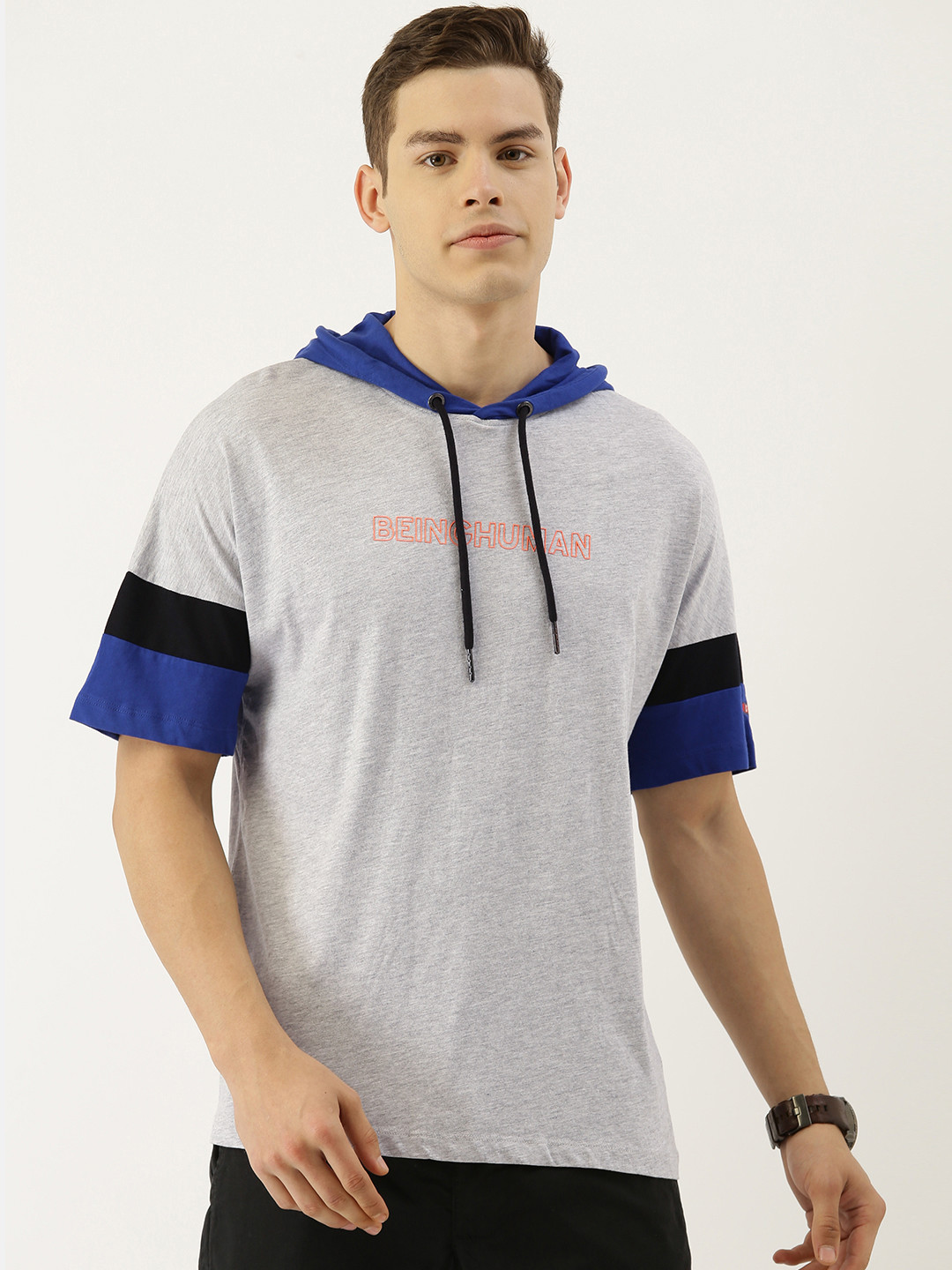 

Being Human Men Grey Melange Solid Drop-Shoulder Hood Pure Cotton T-shirt