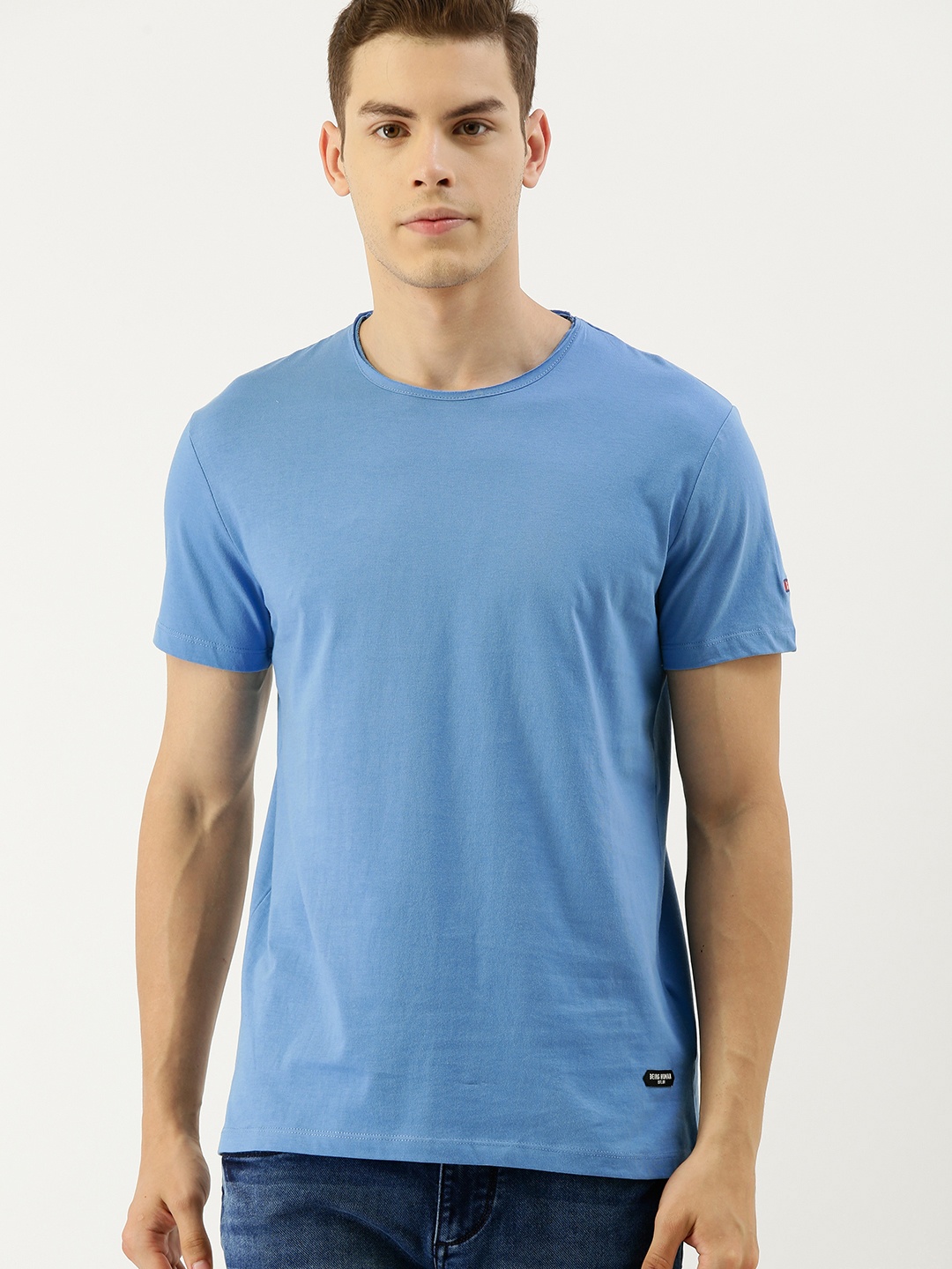 

Being Human Men Blue Solid Round Neck Pure Cotton T-shirt With Raw Edge