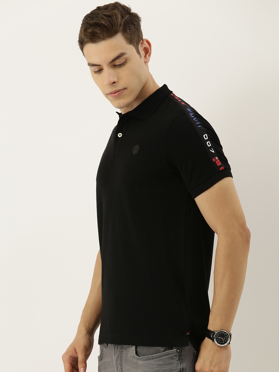 

Being Human Men Black Solid Polo Collar T-shirt With Applique Detailing