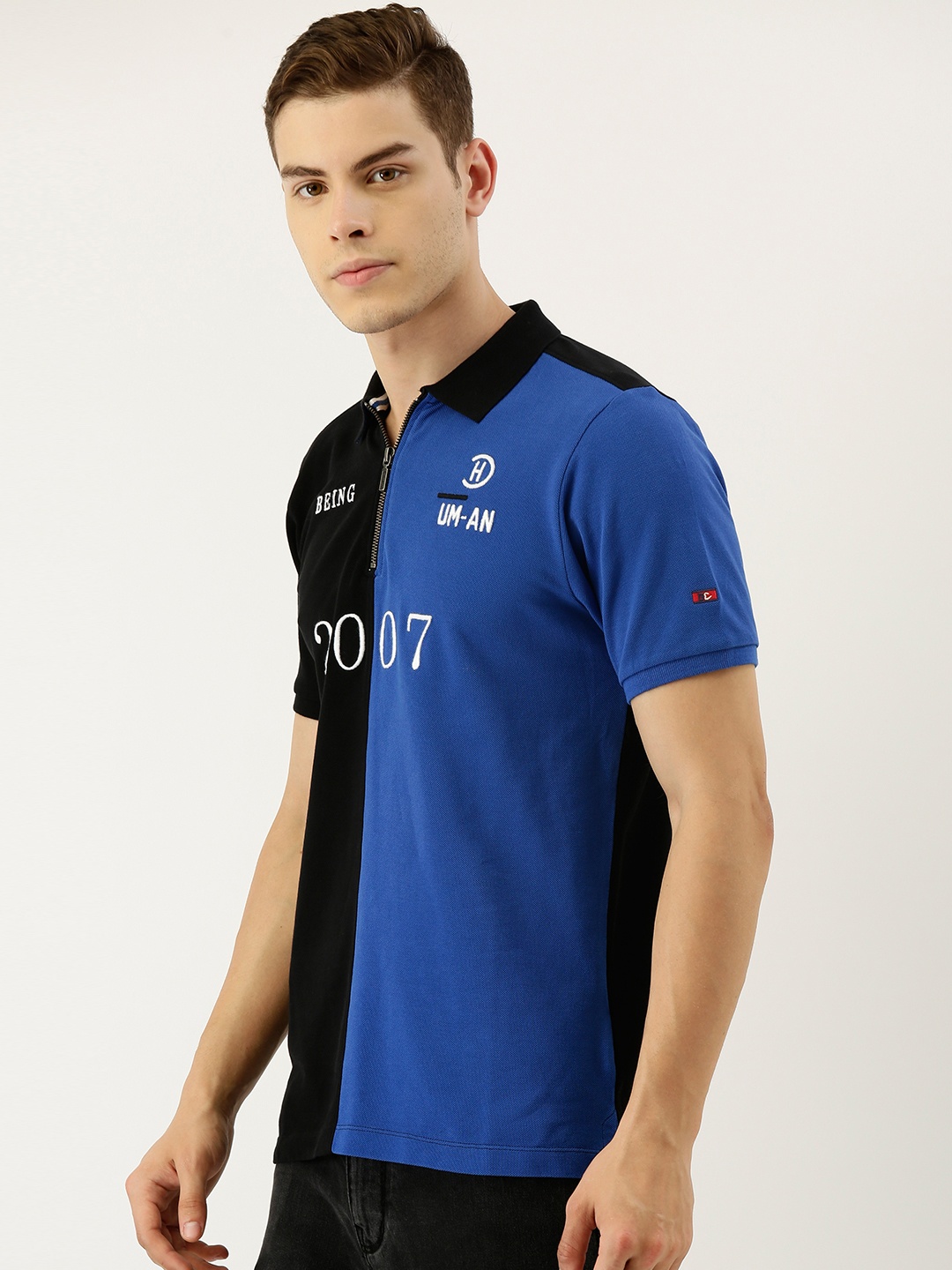 

Being Human Men Black Colourblocked Polo Collar Pure Cotton T-shirt With Embroidered Detailing