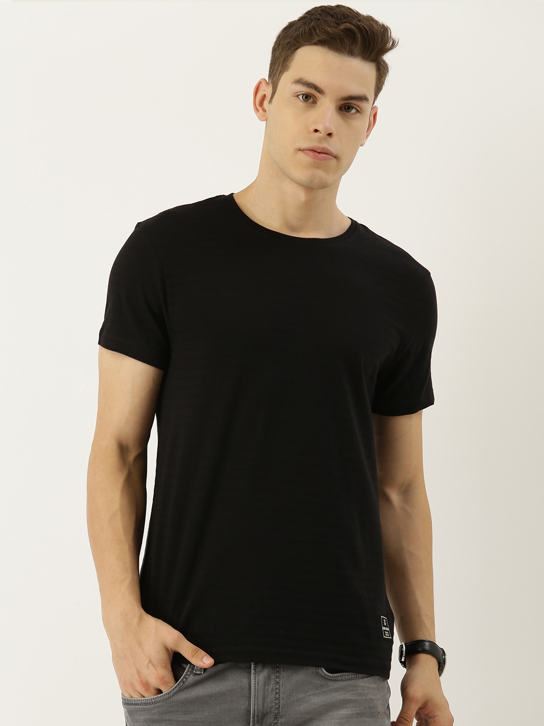 

Being Human Clothing Men Black Self-Striped Round Neck Pure Cotton T-shirt