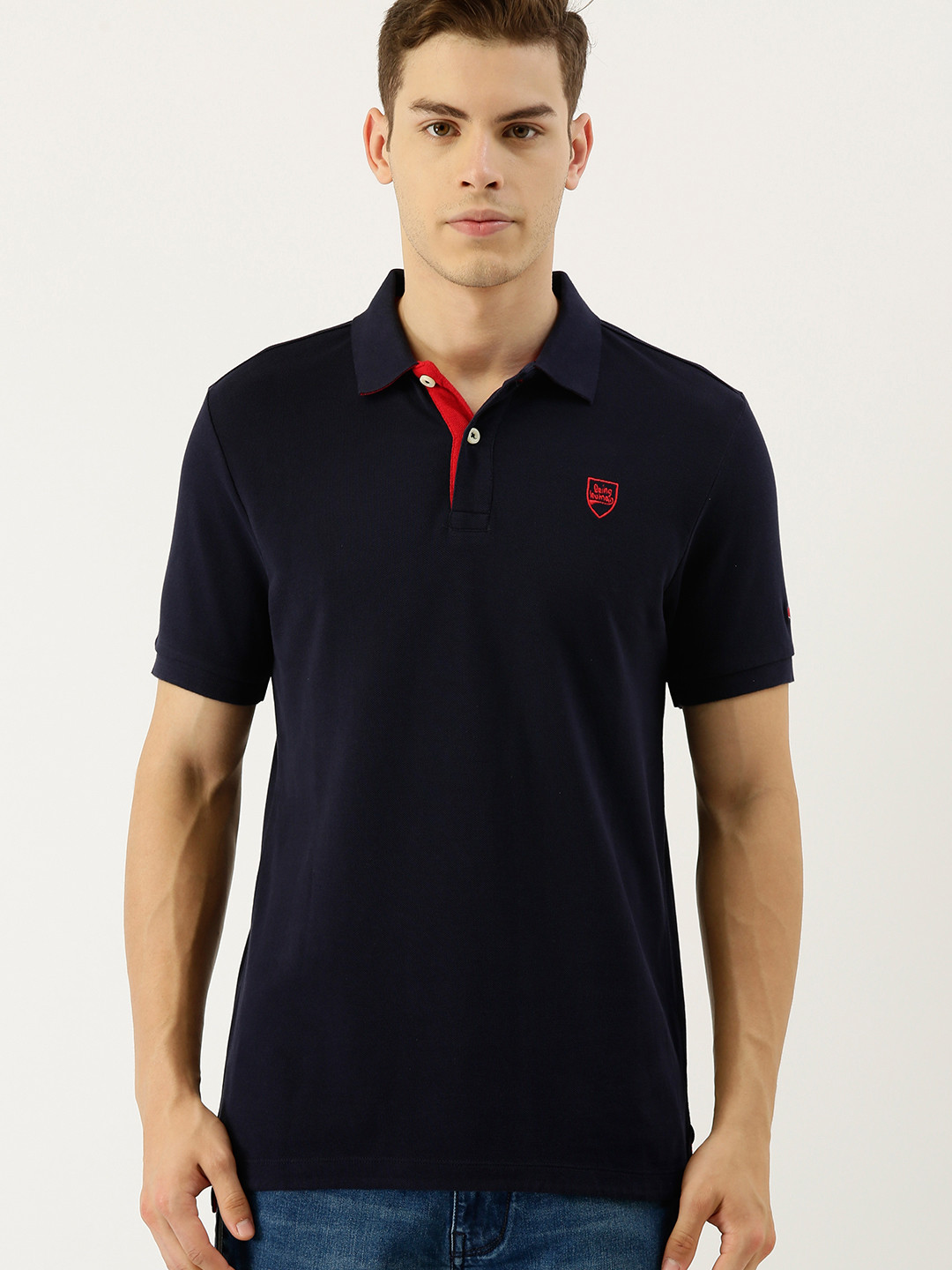 

Being Human Clothing Men Navy Blue Solid Polo Collar Pure Cotton T-shirt