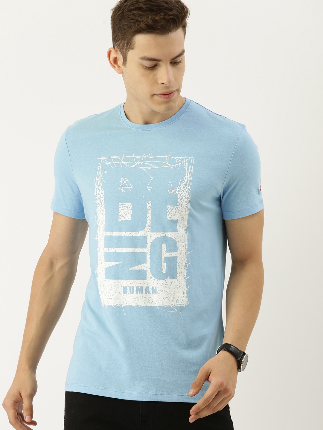 

Being Human Clothing Men Blue Printed Round Neck Pure Cotton T-shirt