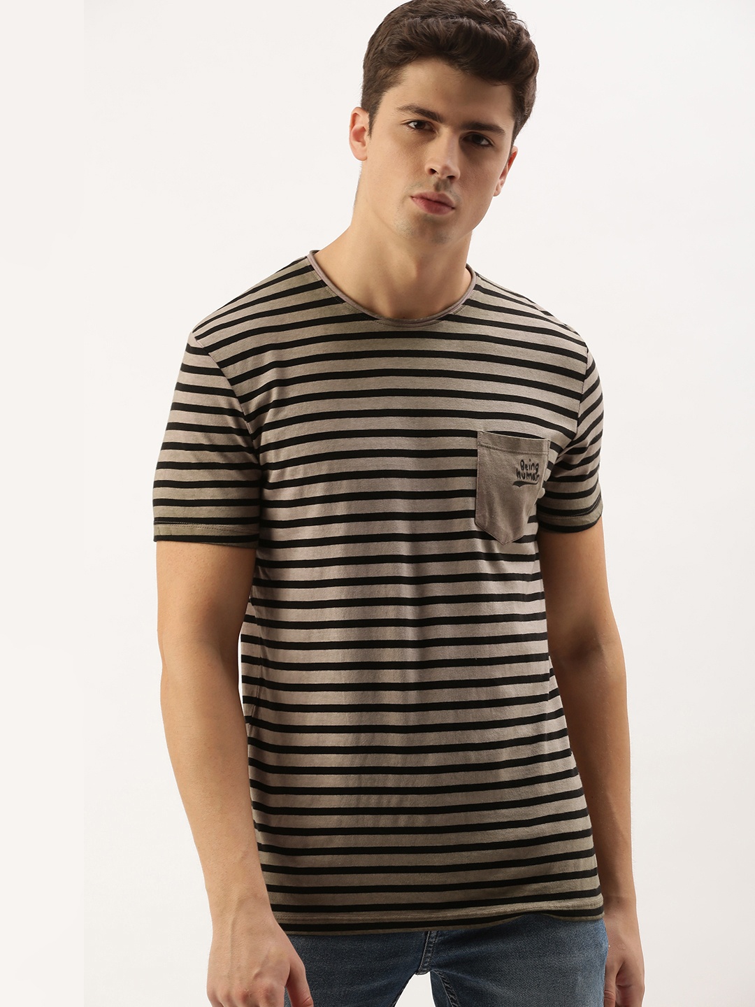 

Being Human Clothing Men Olive Green Striped Round Neck T-shirt