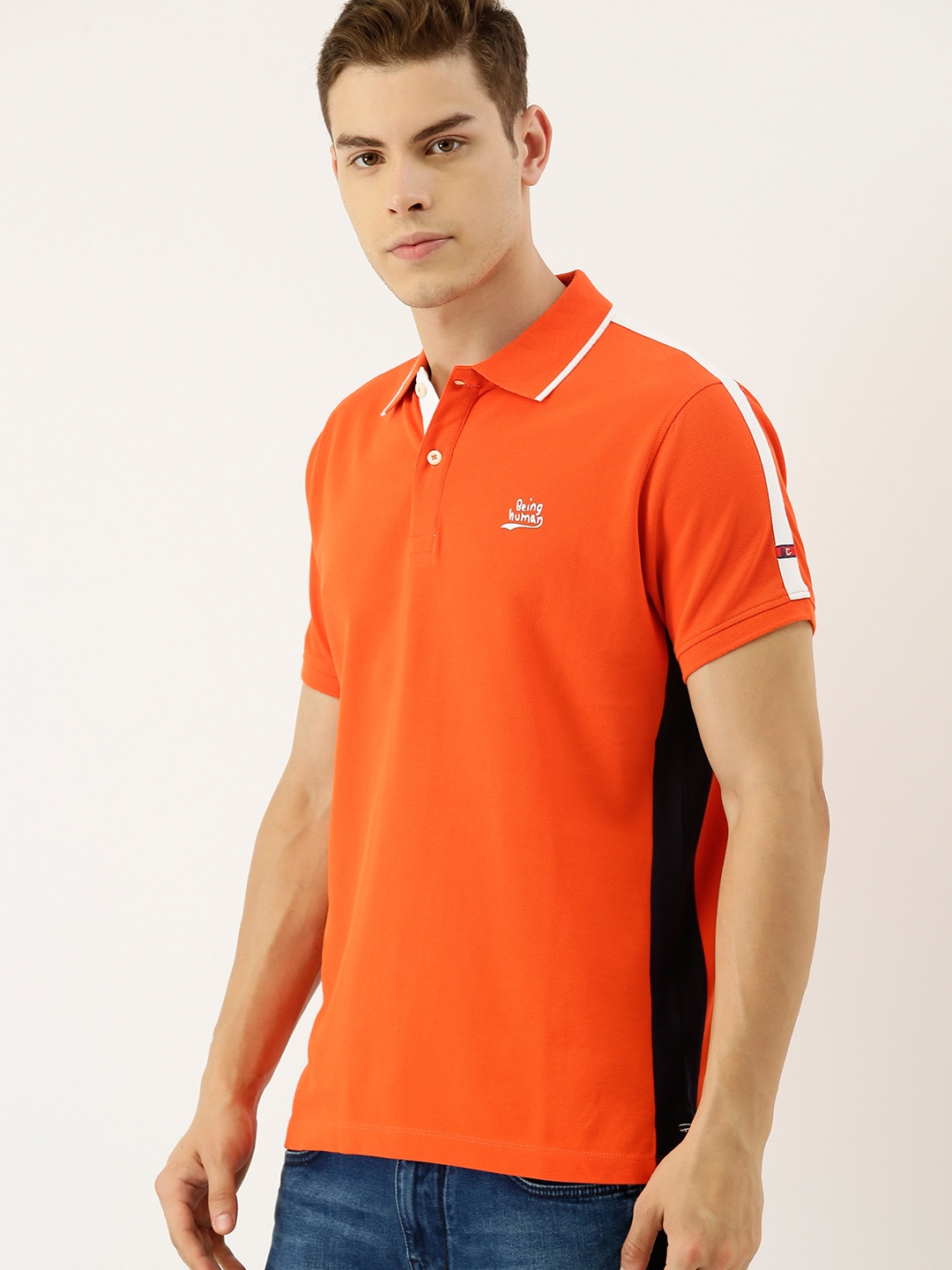 

Being Human Clothing Men Orange Solid Polo Collar Pure Cotton T-shirt with Side Stripes
