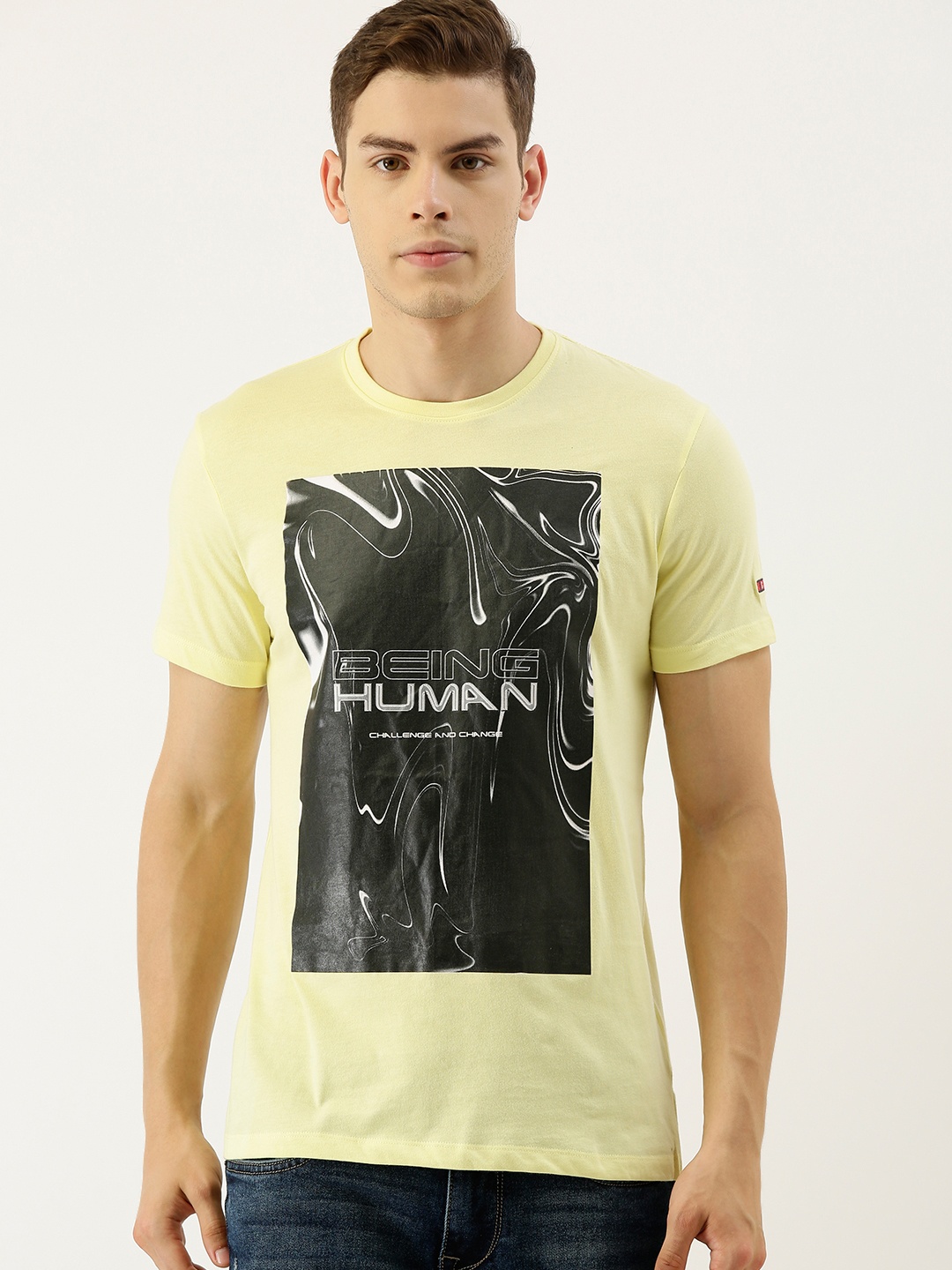 

Being Human Men Yellow Printed Round Neck Pure Cotton T-shirt