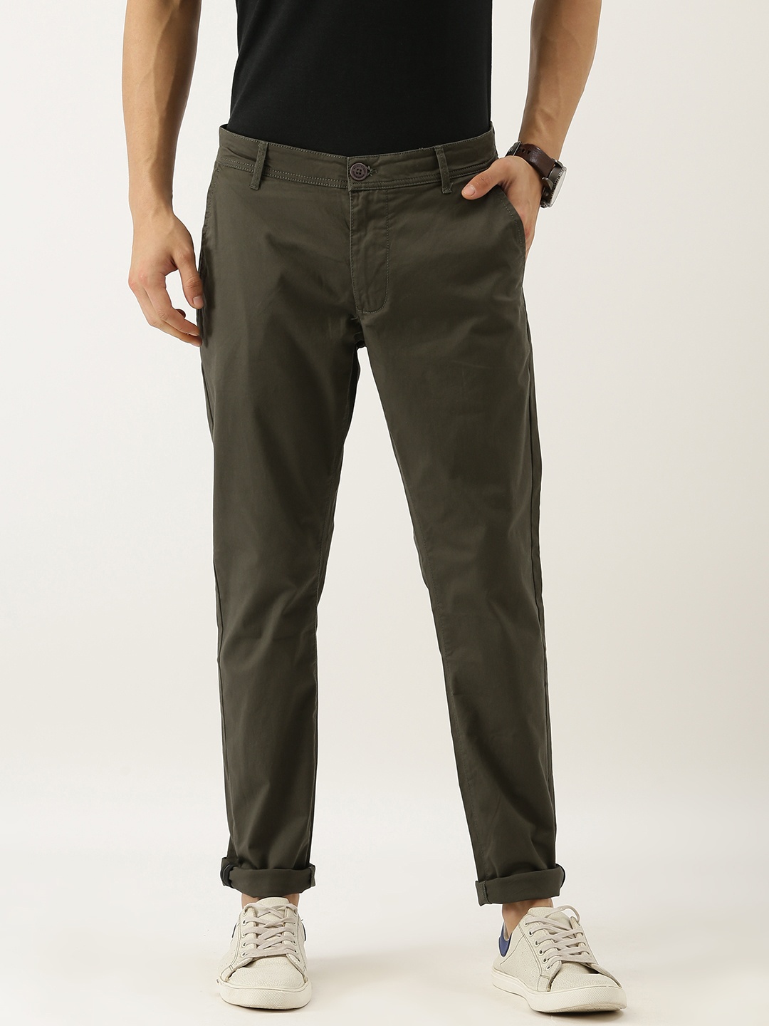 

Being Human Clothing Men Olive Green Regular Fit Solid Chinos