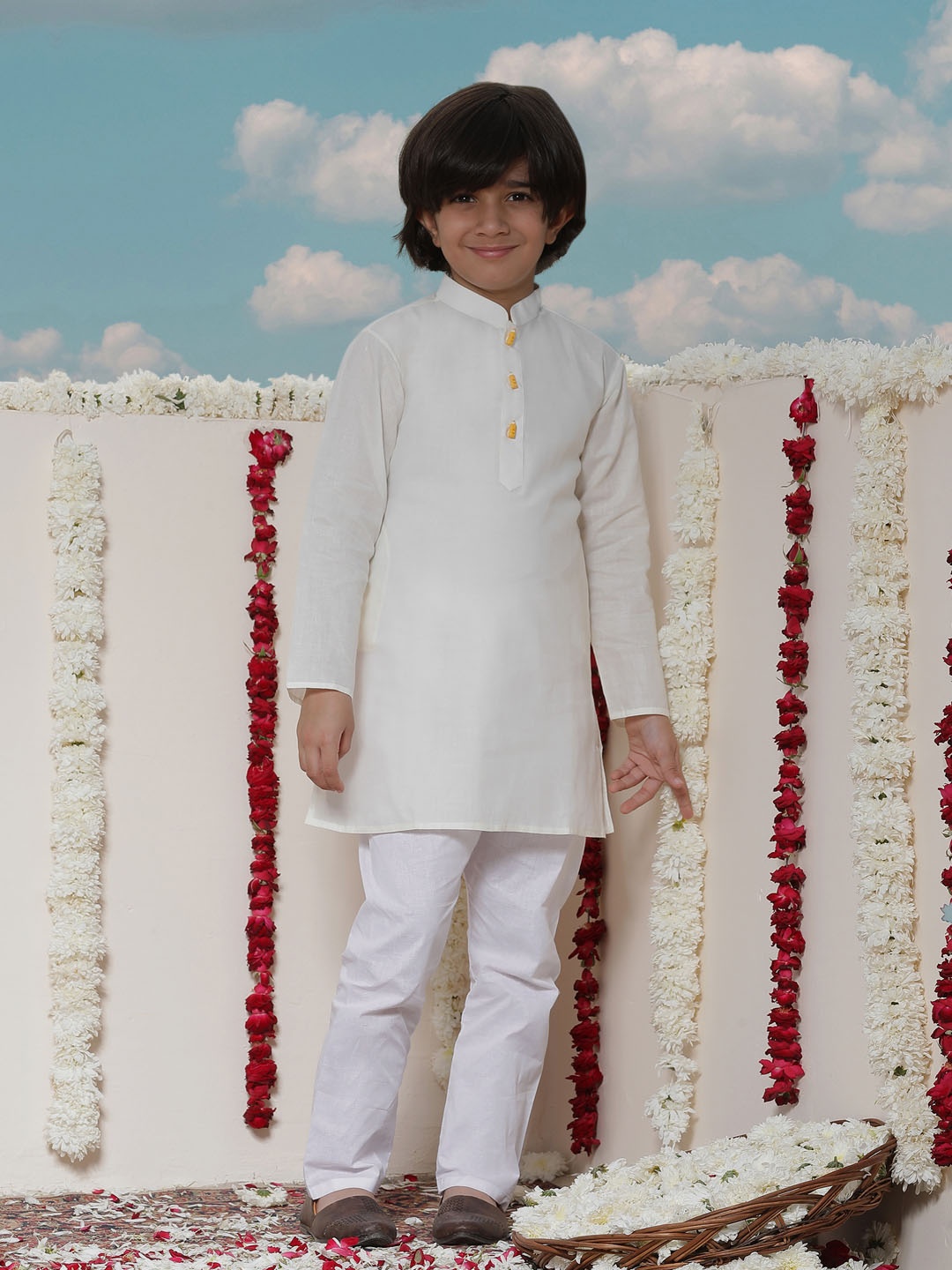 

JBN Creation Boys Cream & White Solid Kurta with Pyjamas