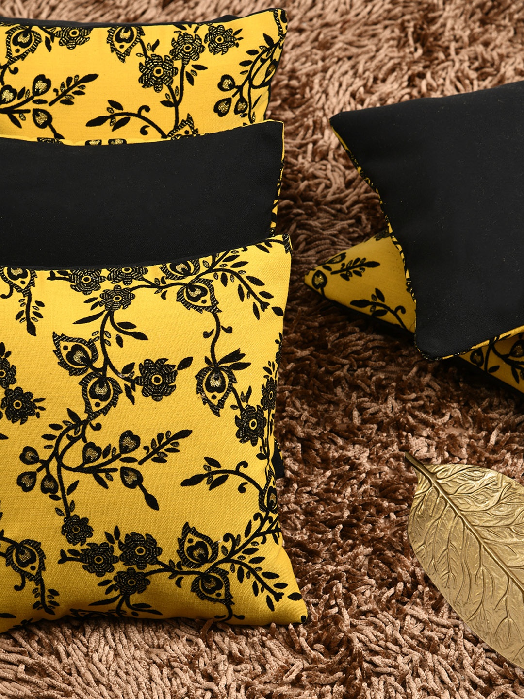 

HOUZZCODE Set of 5 Flock n Foile Printed on Premium Square Cushion Covers, Mustard