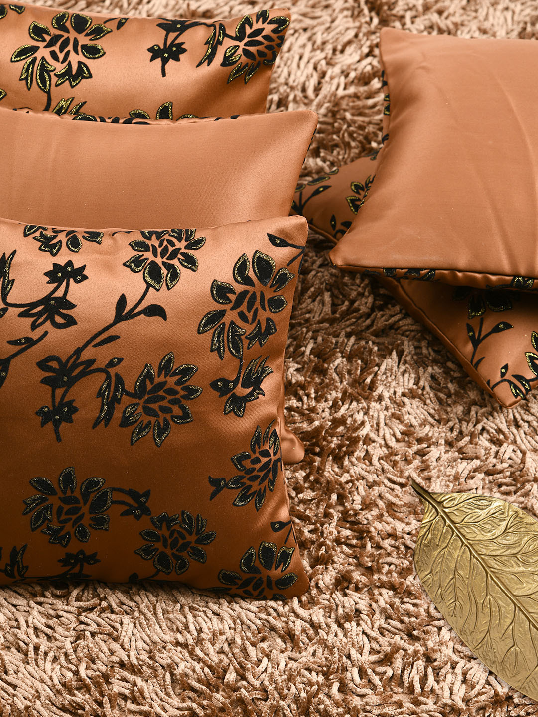 

HOUZZCODE Set of 5 Flock n Foile Printed on Premium Square Cushion Covers, Brown