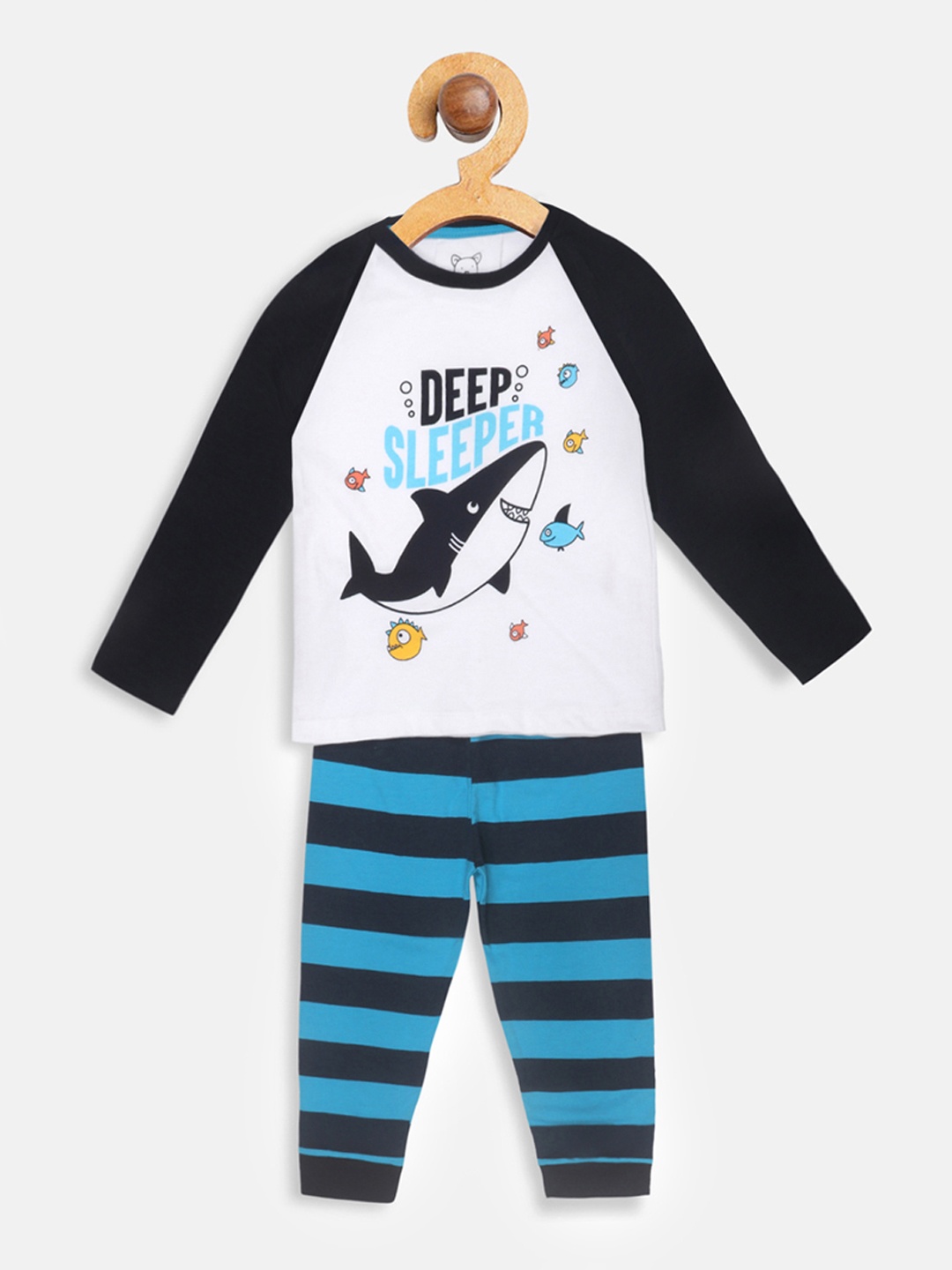 

Lazy Shark Boys White & Black Printed Night suit